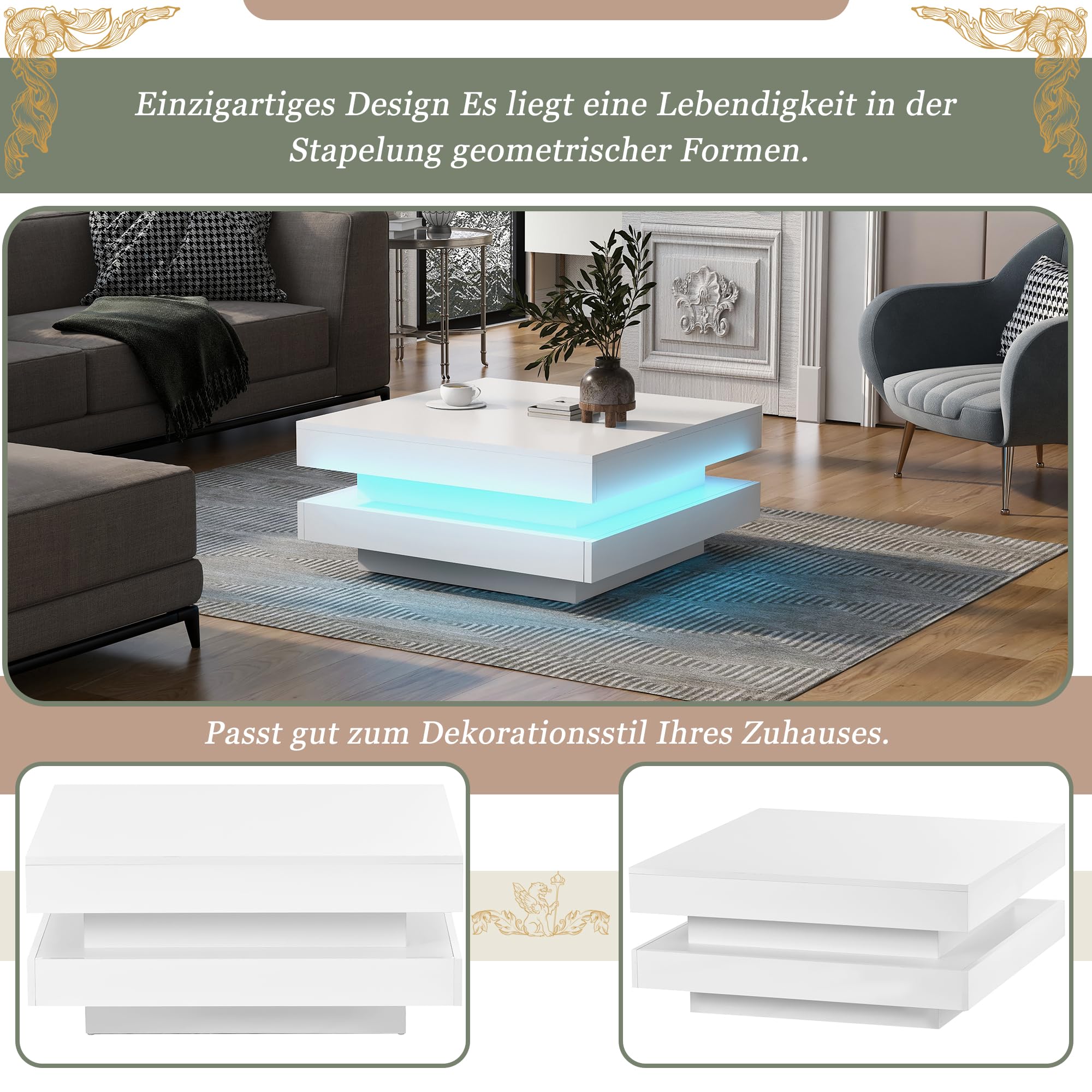 Merax Couchtisch Wohnzimmertisch Weiß Hochglanz, quadratischer Sofatisch mit LED Beleuchtung, Moderner Kaffeetisch Coffee Table für Wohnzimmer Büro Empfang, Bluetooth-Steuerung, 70x70x36cm