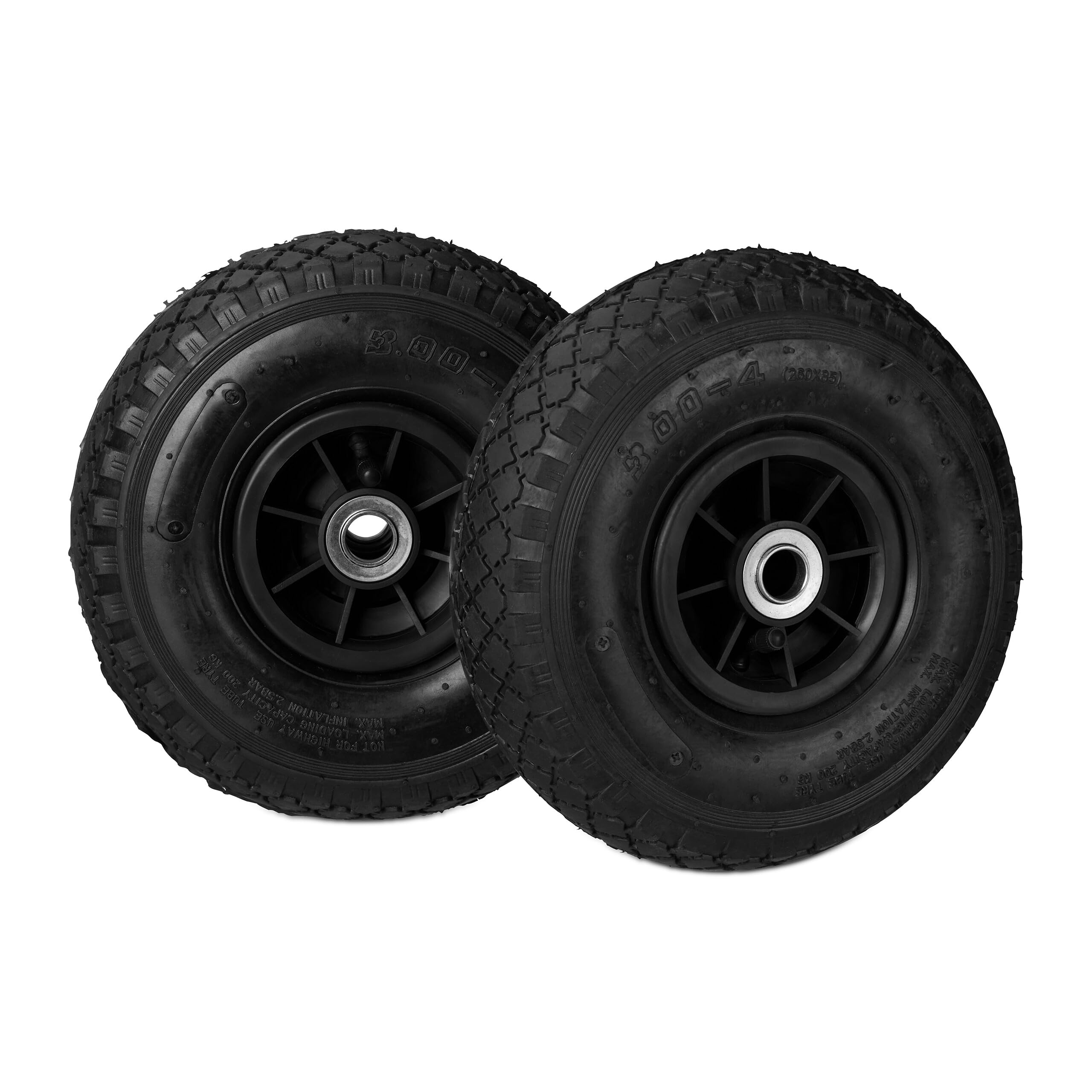 Relaxdays Set de Dos Ruedas de Carretilla, Neumáticos de 3.00-4, hasta 80kg, Llanta de plástico, 260x85 mm, Negro