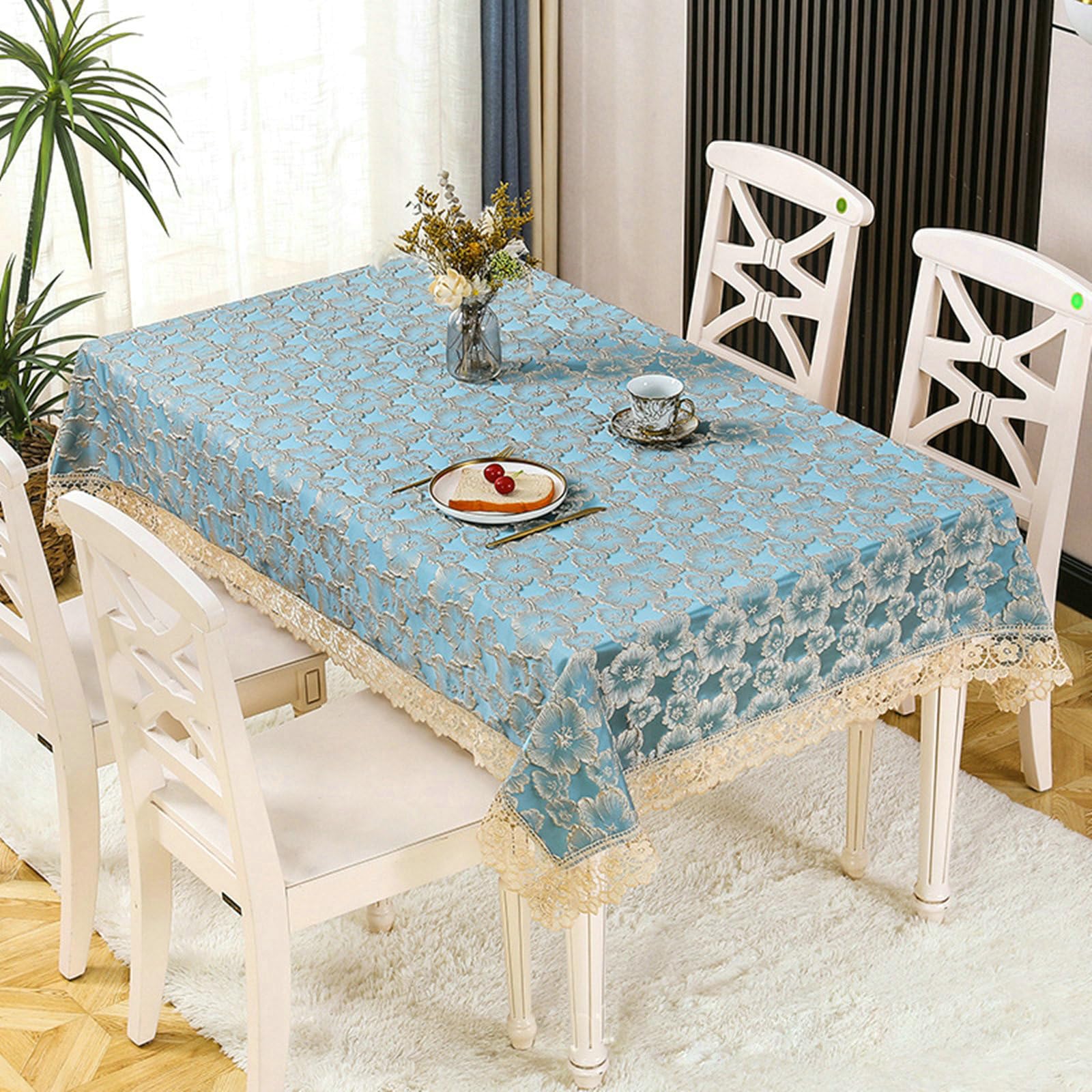Tischdecke Rechteckig 150x220 cm, Blume Muster Polyester, Blau