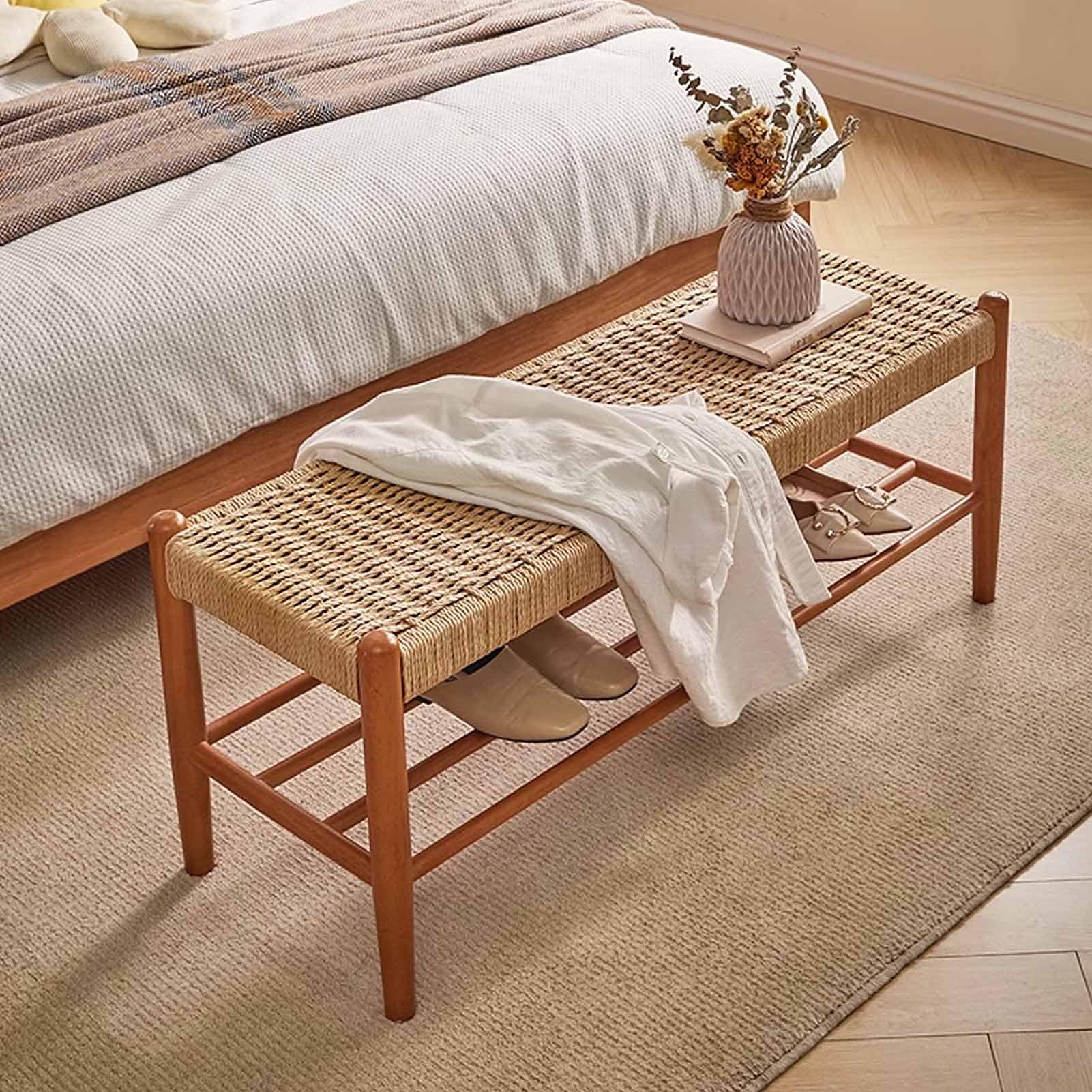 Banc à chaussures en bois de 80 cm avec siège tissé main pour couloir étroit