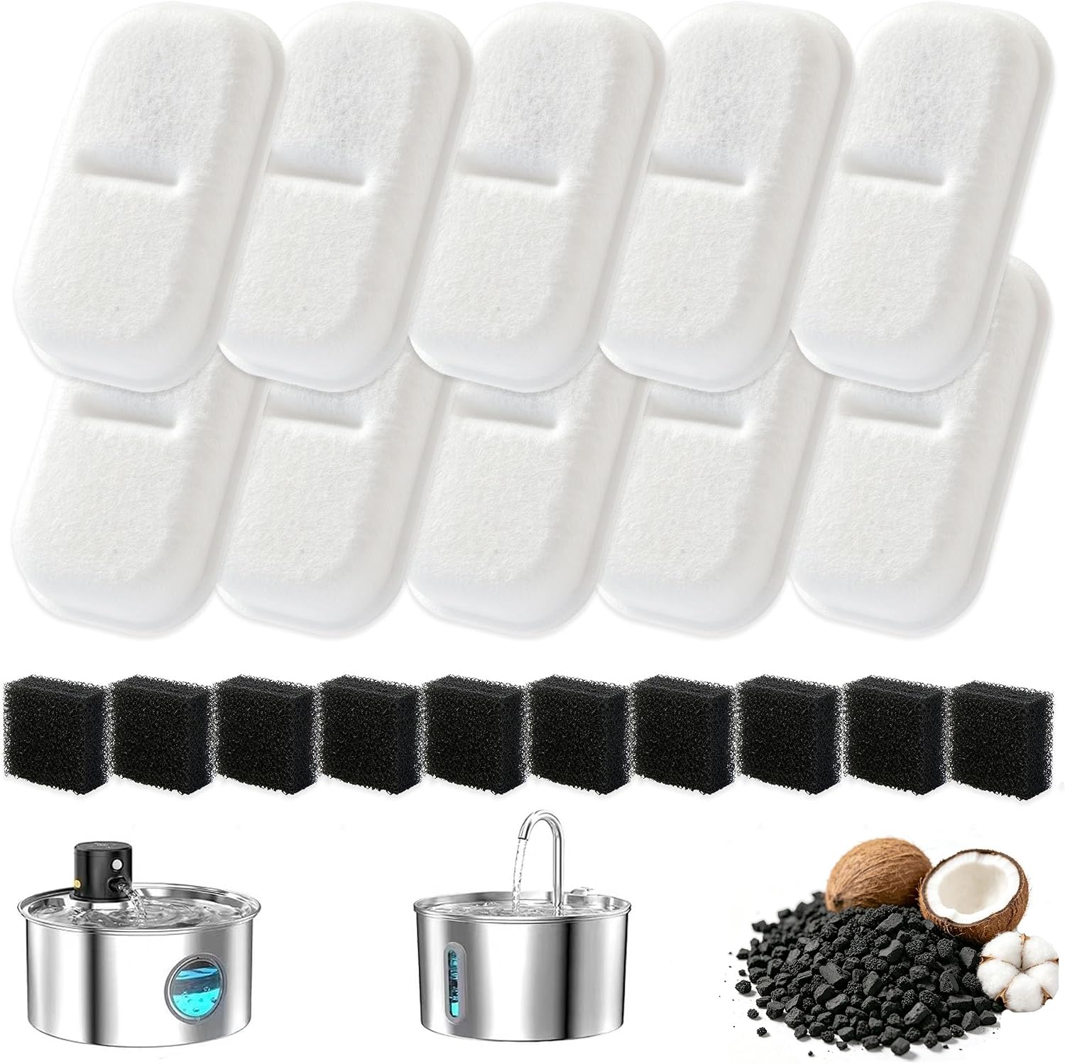 Cat Water Fountain Filter Set – 10 Carbon Filters & 10 Foam Sponges, Replacement for 108Oz/3.2L 67Oz/2L Stainless Steel Pet Water Dispenser,Kitty Spout Pump Filters,Promotes Hydration for Dogs Cats