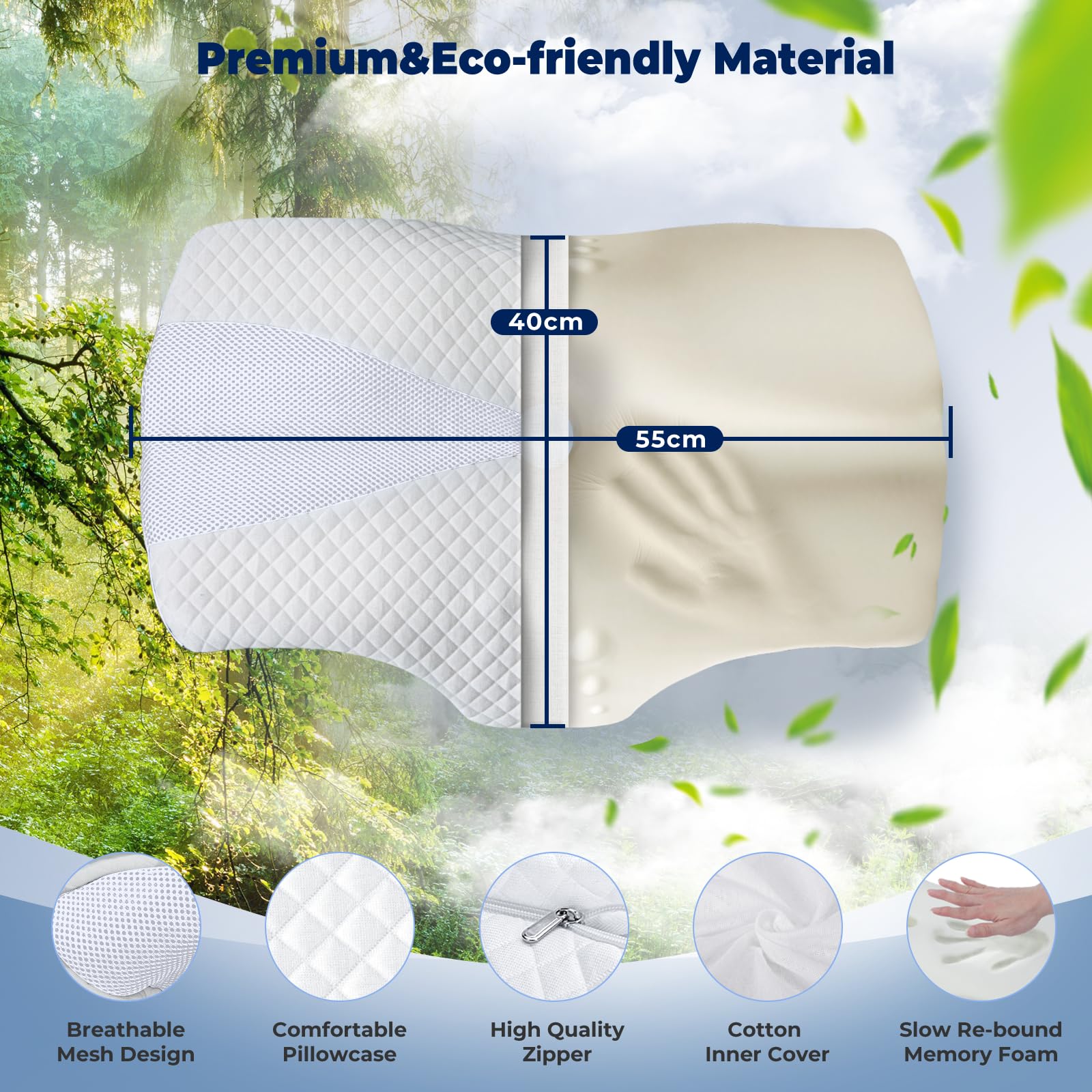 SAHEYER Cuscino Cervicale, Cuscino Memory Foam Cervicale per Ergonomico di Sostegno, Ideale per Chi Dorme di Fianco, sulla Schiena o sulla Pancia, 55 x 40 x 11/9 cm