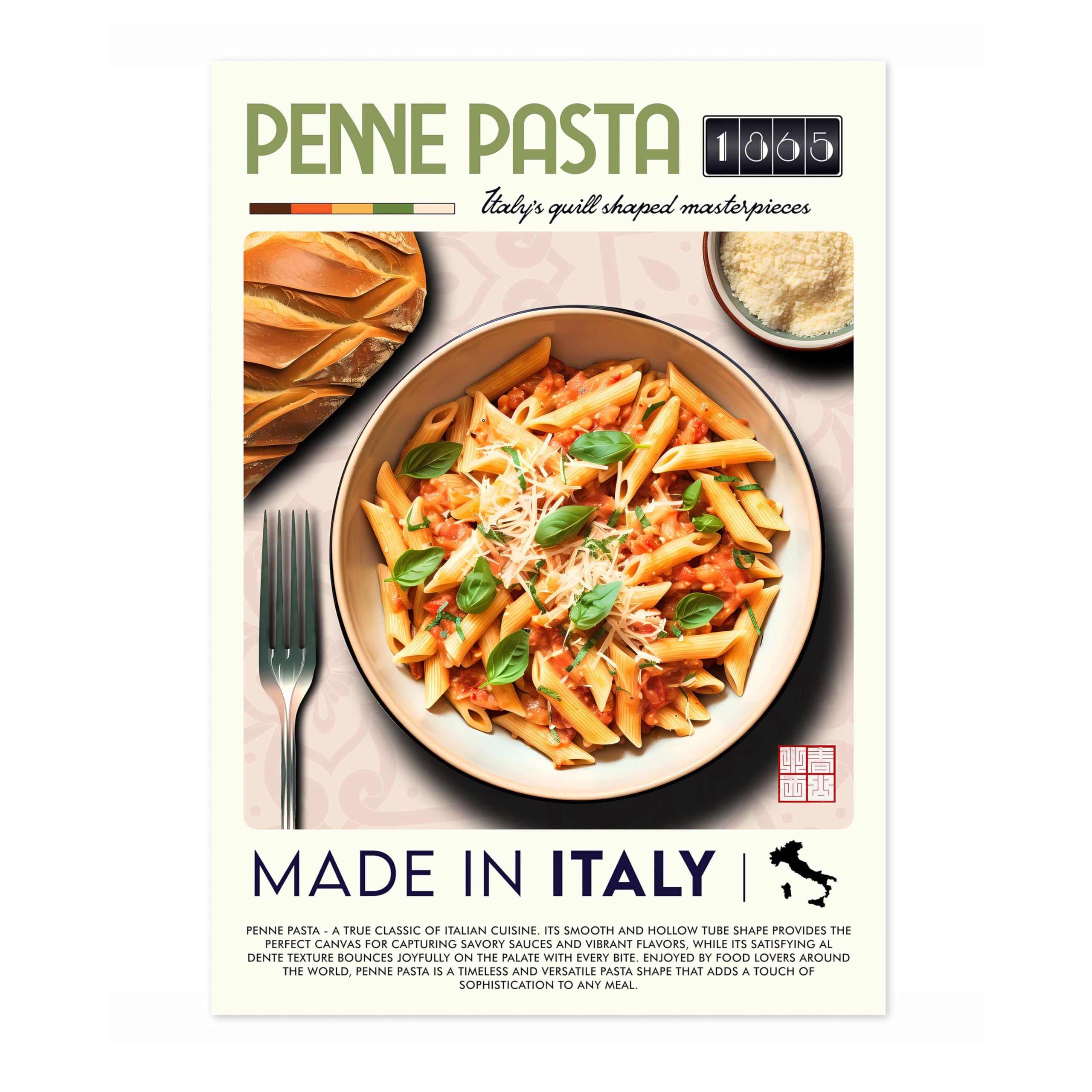 Penne Pasta Kitchen Poster, Food Wall Art Modern Print, Restaurant Decor, Chef Dining Room Interior Design, Archival Matte, A4 (Print Only) - 29.7x21cm