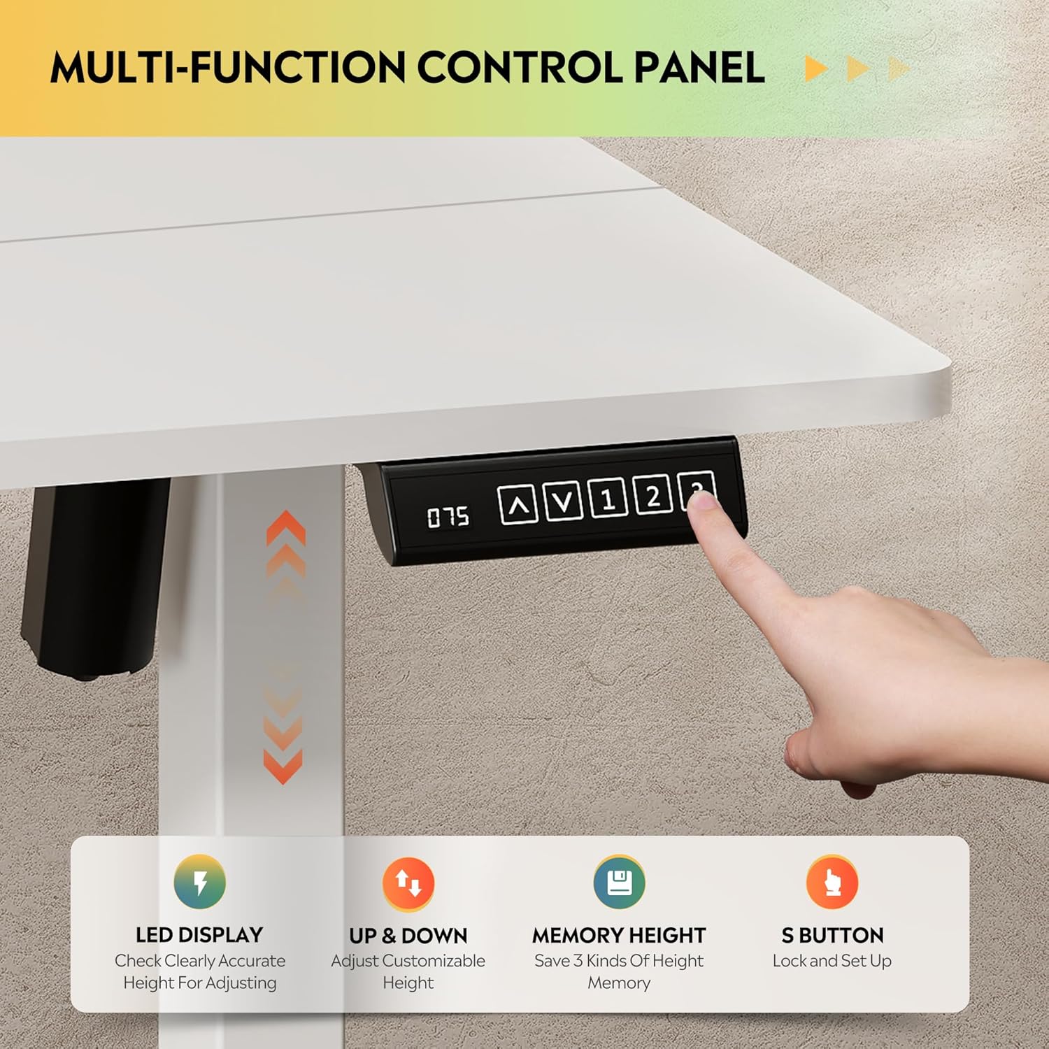 Close-up of the multi-function control panel with LED display and memory preset buttons