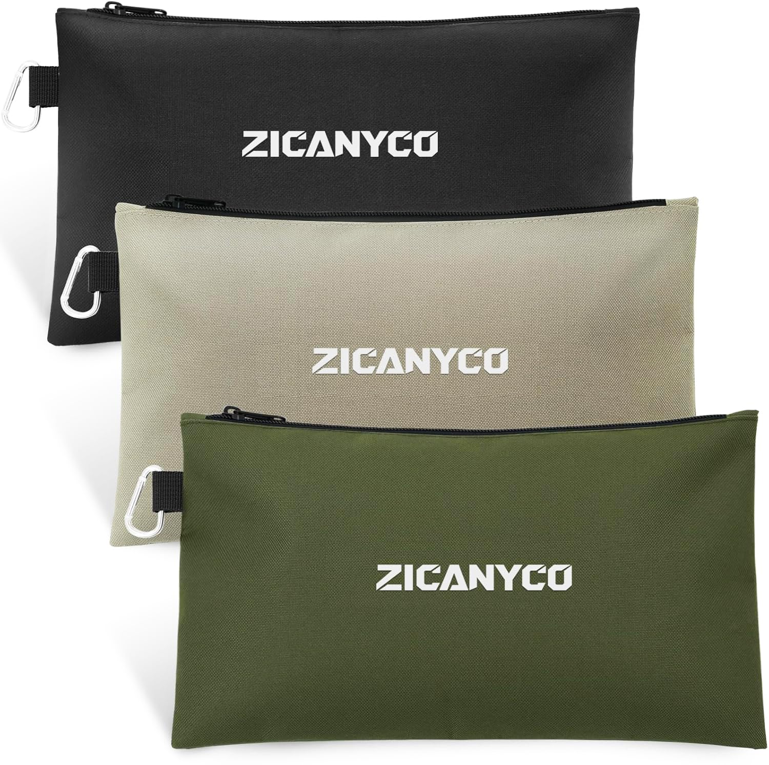 Tool Pouch Zipper Bags Small Tool Bags with Metal Zipper Carabiner Durable Utility Organizer Pouches 3-Pack Black Beige