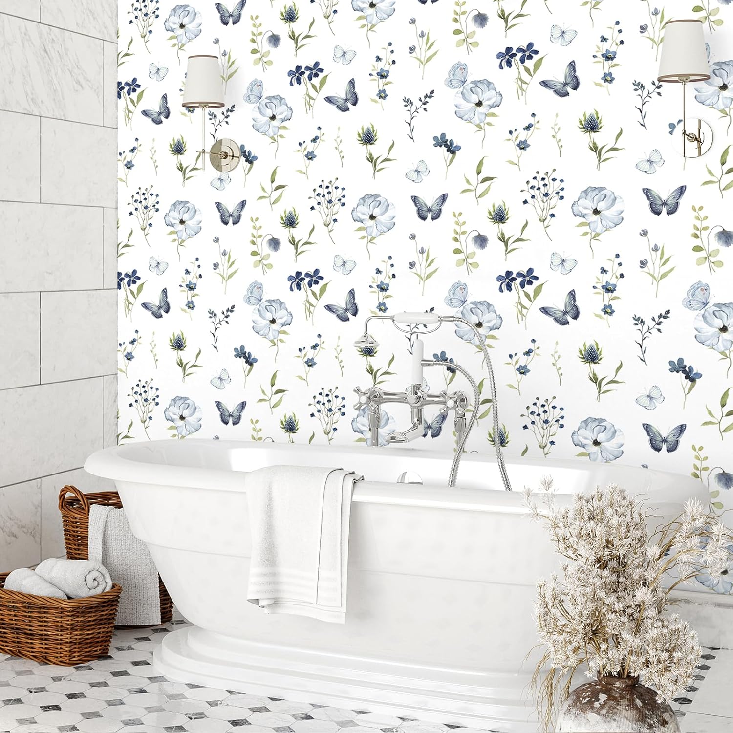 VEELIKE Watercolor Floral Wallpaper Peel and Stick Removable Blue Butterflies Flower Wallpaper for Bedroom Bathroom 17.7''x118'' Prepasted Vintage Floral Contact Paper for Cabinets Drawers Walls
