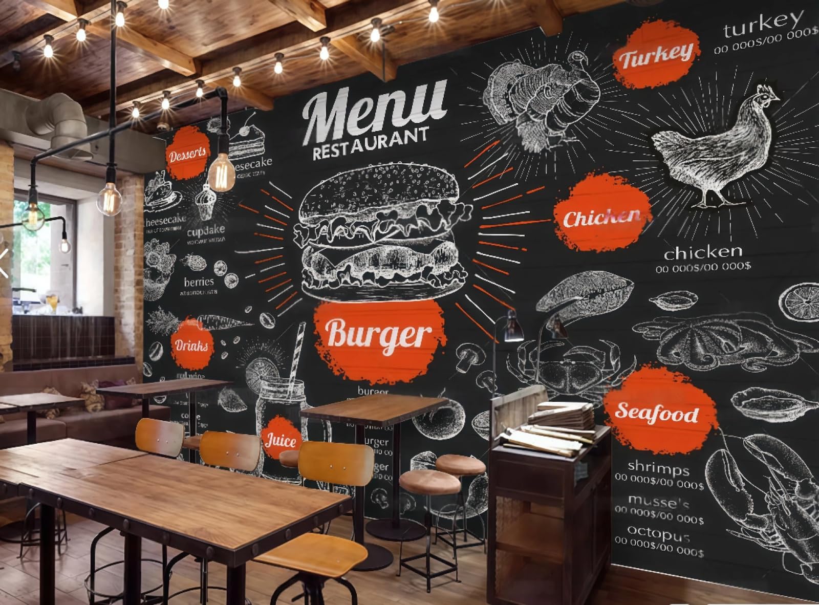 rskjdghshd Wallpaper Black Background White Chalk Graffiti Hand Drawn Burger Shop Western Restaurant Background Wall Mural Afternoon Tea Coffee Shop Wallpaper,3D,250x175cm