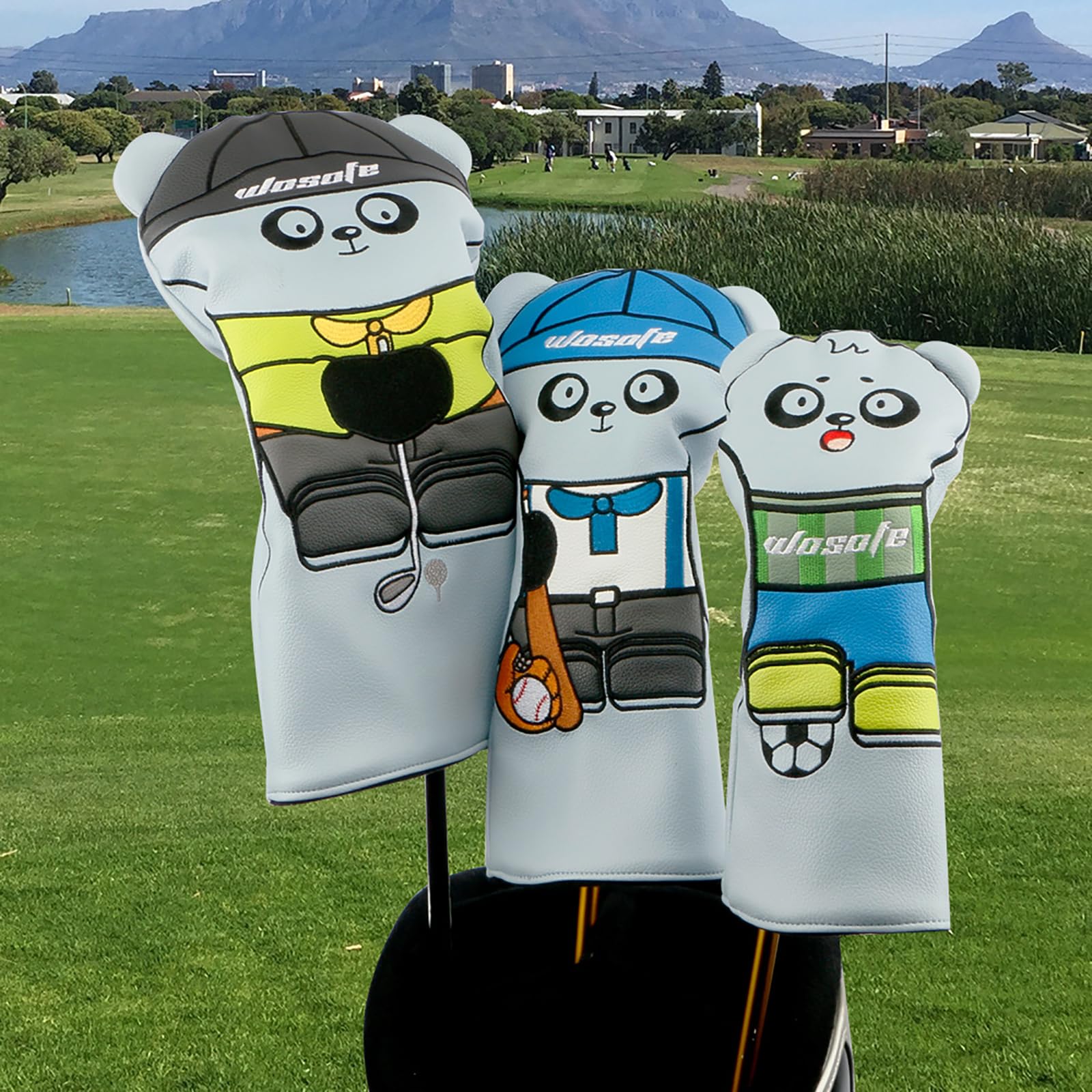 Generic 4 Uds. De Fundas para Palos de Golf, Coloridas Fundas para Cabeza con Bordado de Panda, Impermeables, de Cuero PU, Protector para Cabeza de Palo, Funda para Cabeza de Madera,Blue