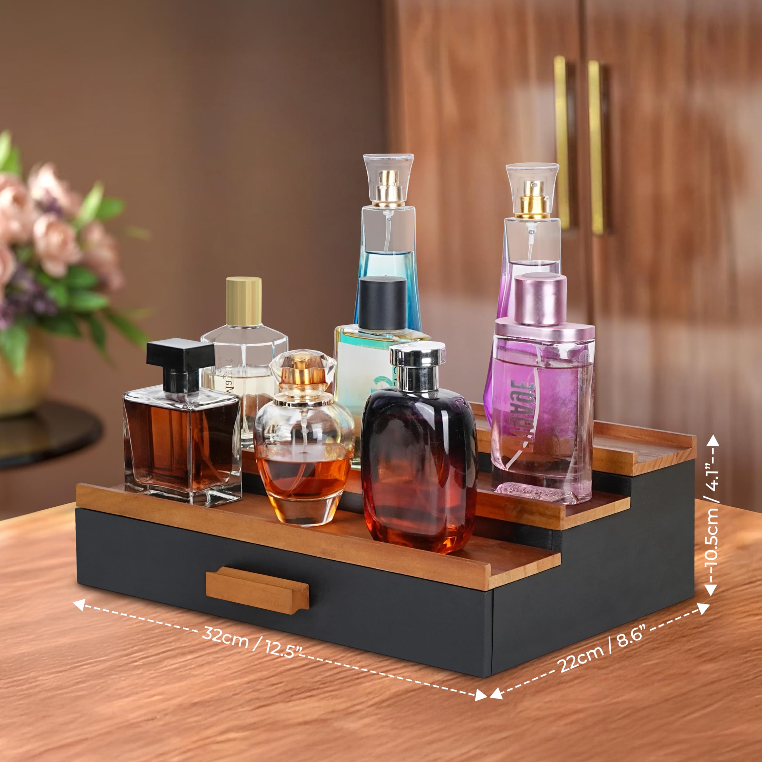 Winter Shore Presentoir Escalier en Bois avec Tiroir - Support Parfum avec Tiroir - Presentoir Parfum pour Hommes - Organisateur Coiffeuse - Rangement Parfum Organisateur à 3 Niveaux pour Comptoir