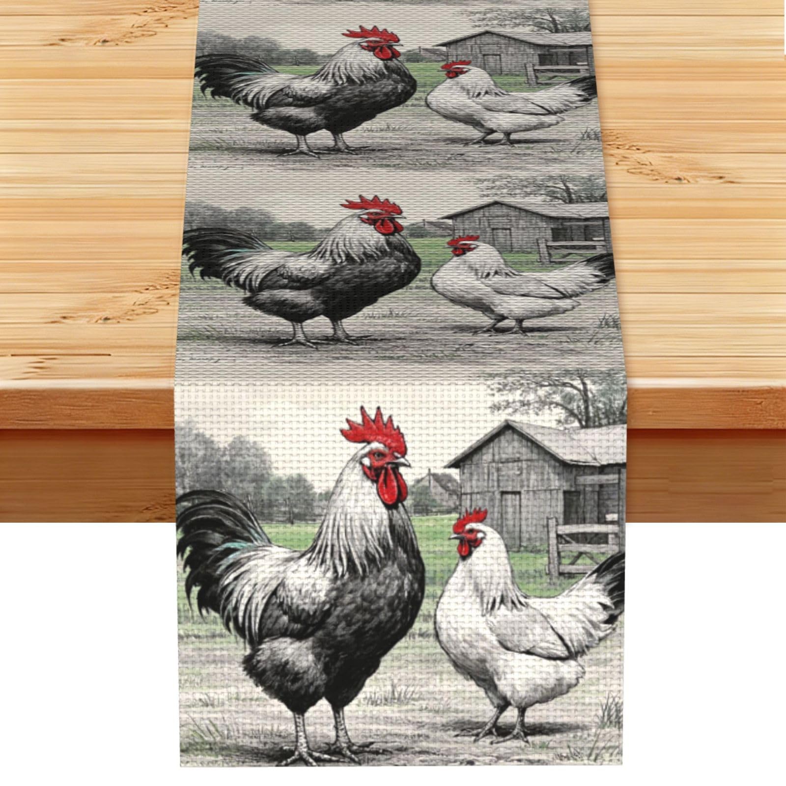 Rooster and Hen Sketch Farm Table Runner 13 x 72 Inches Long, Cotton Linen Table Runners for Kitchen Dining Table Decoration - Washable Tablecloth Modern Tablerunner for Home Party Decor