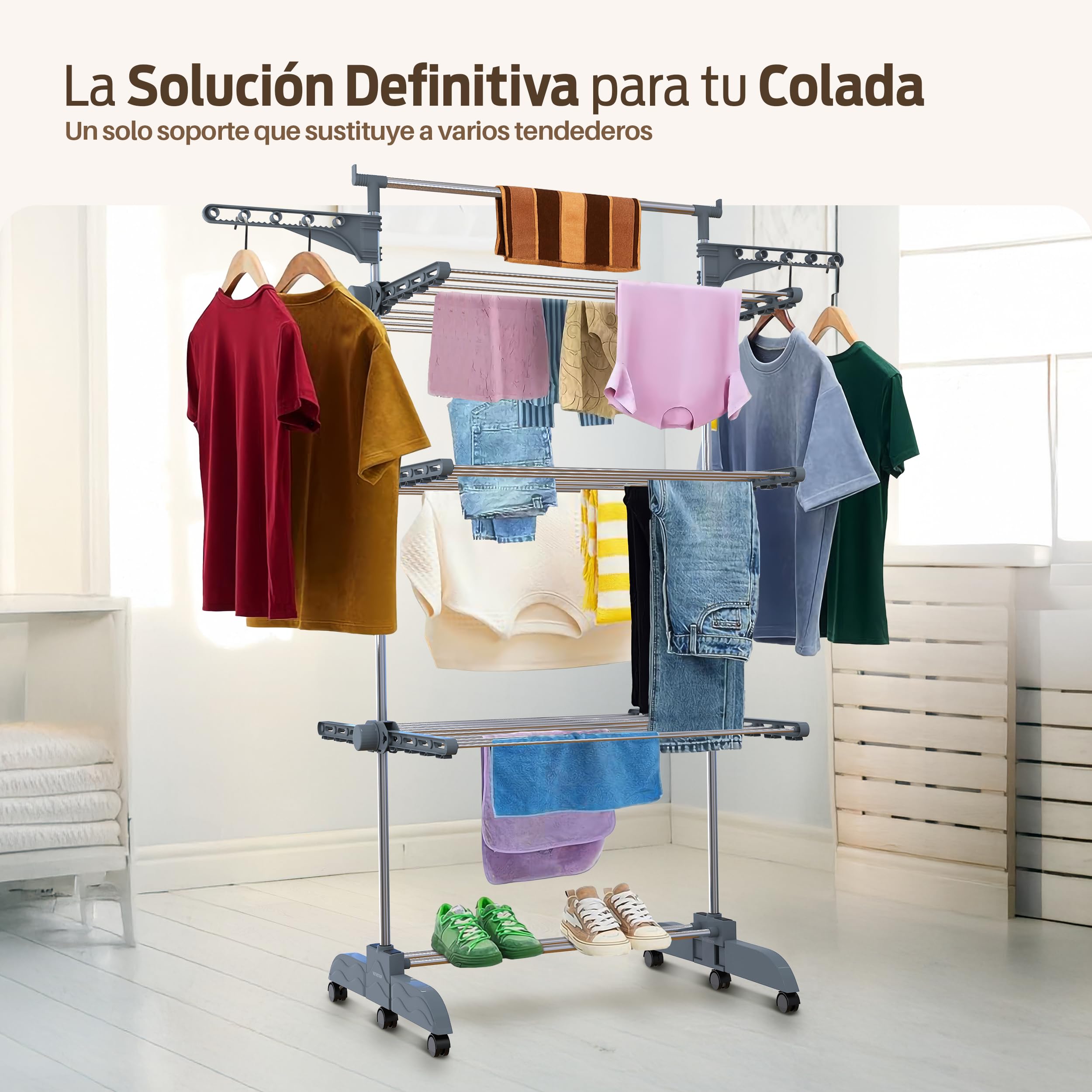 PORTENTUM Tendedero Vertical Plegable 14 cm – 5 Niveles y 58 Ganchos para Perchas – hasta 40 kg – Tenderete 24 Barras de Secado de Acero Inoxidable – Interior y Exterior – Ruedas giratorias con Freno