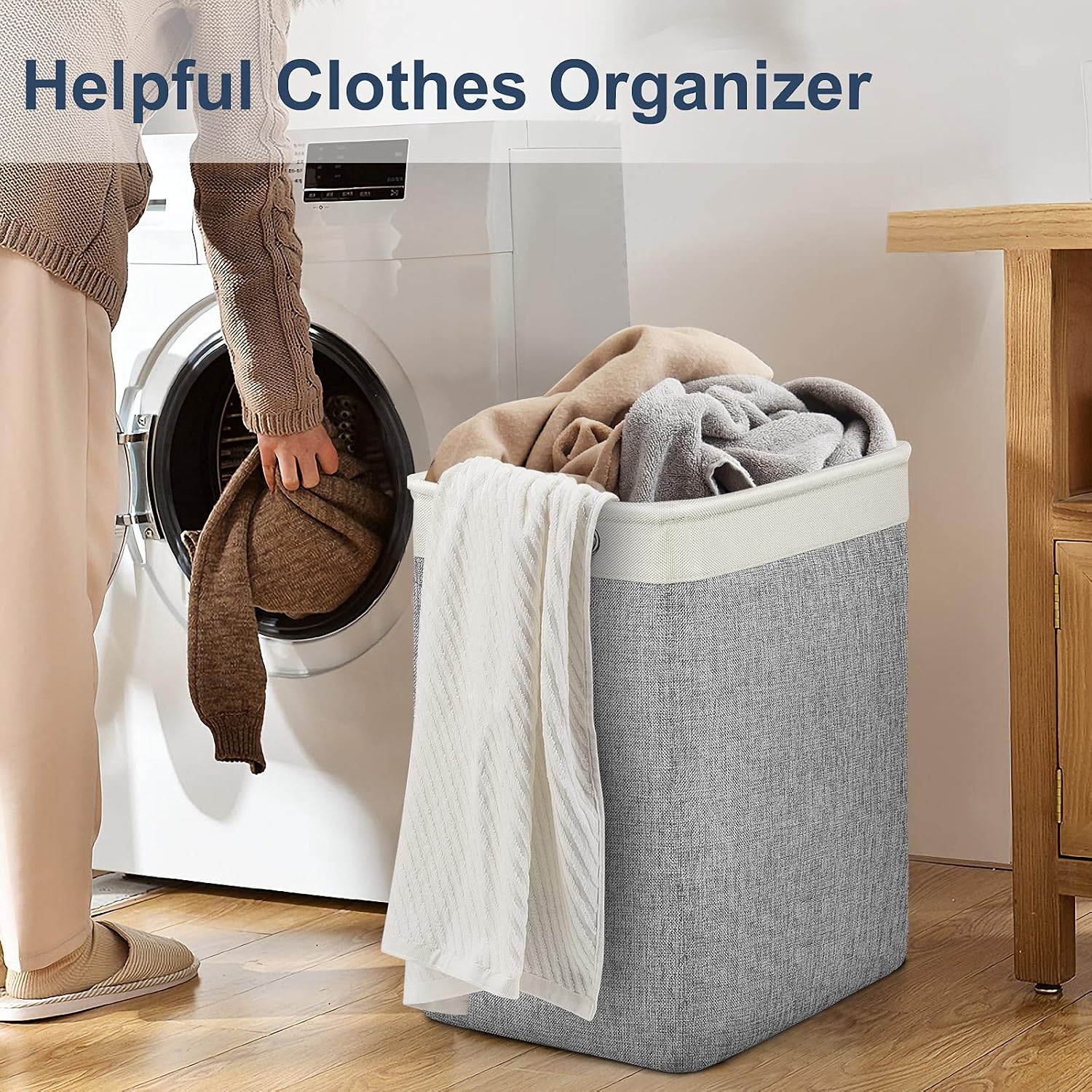 TomCare 74L Large Laundry Baskets 2 Pack 23" Height Tall Laundry Hamper Foldable Storage Baskets with Rope Handles Clothes Hamper Organizer for Laundry Bedroom（Beige and Grey）