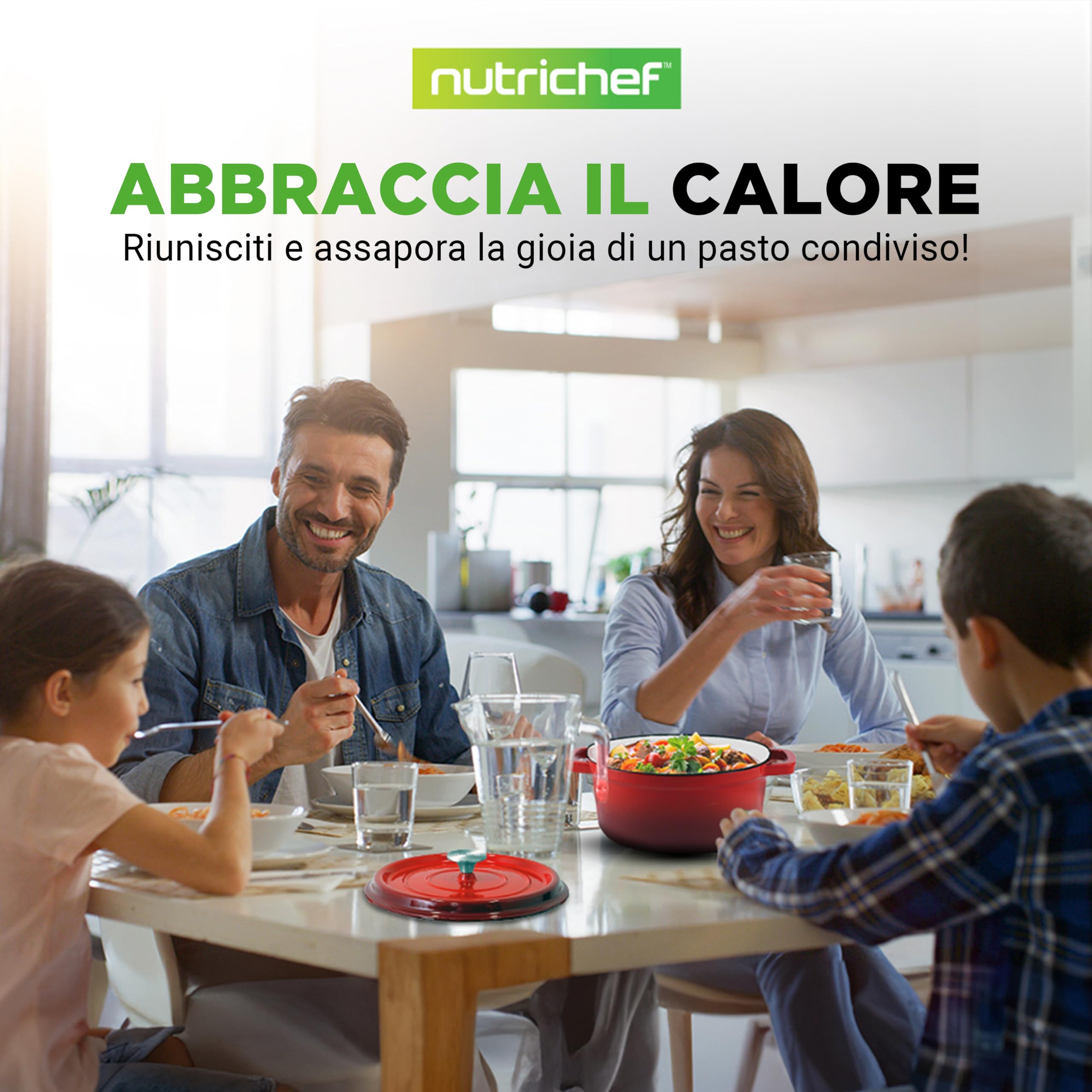 NutriChef Casseruola in Ghisa da 5 Litri, Forno Olandese Antiaderente in Rivestimento Smaltato con Coperchio, Rotonda Cocotte per Cuocere con Ricette, Adatta a Piani di Cottura e Forni a Induzione