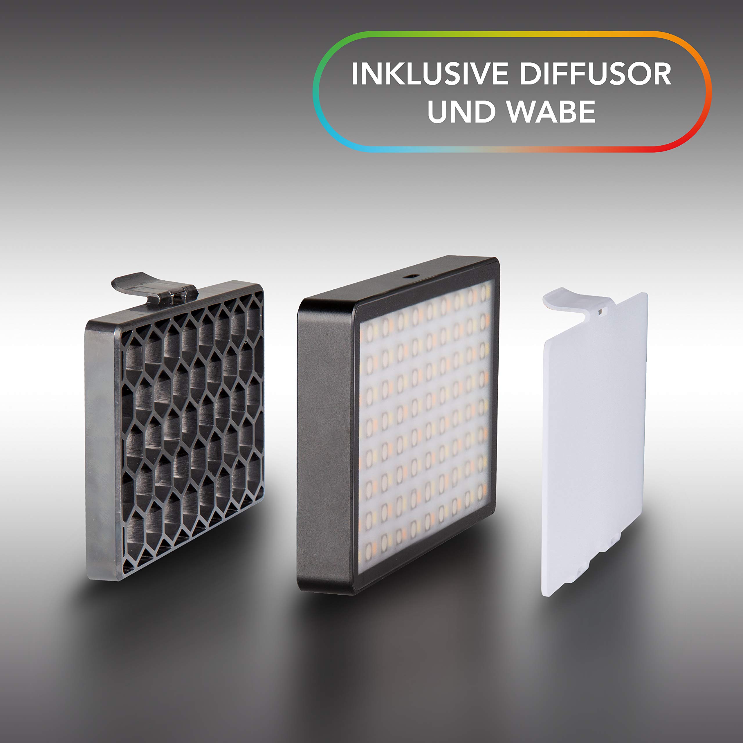 Walimex pro Rainbow Pocket LED-RGB – zdalnie sterowana, kompaktowa i mocna akumulatorowa lampa powierzchniowa z kolorowym i białym światłem dla kolorowych akcentów w fotografii i i filmie