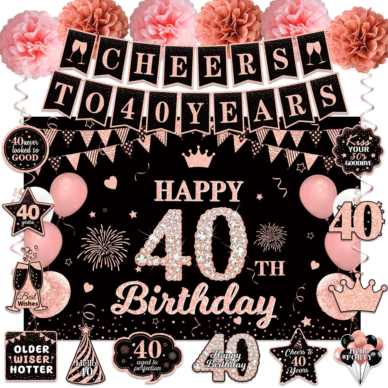 42Pcs 40th Birthday Decorations for Women, Rose Gold Cheers to 40 Years Banner, Happy 40th Birthday Backdrop Hanging Swirl Pompoms Decorative Cards