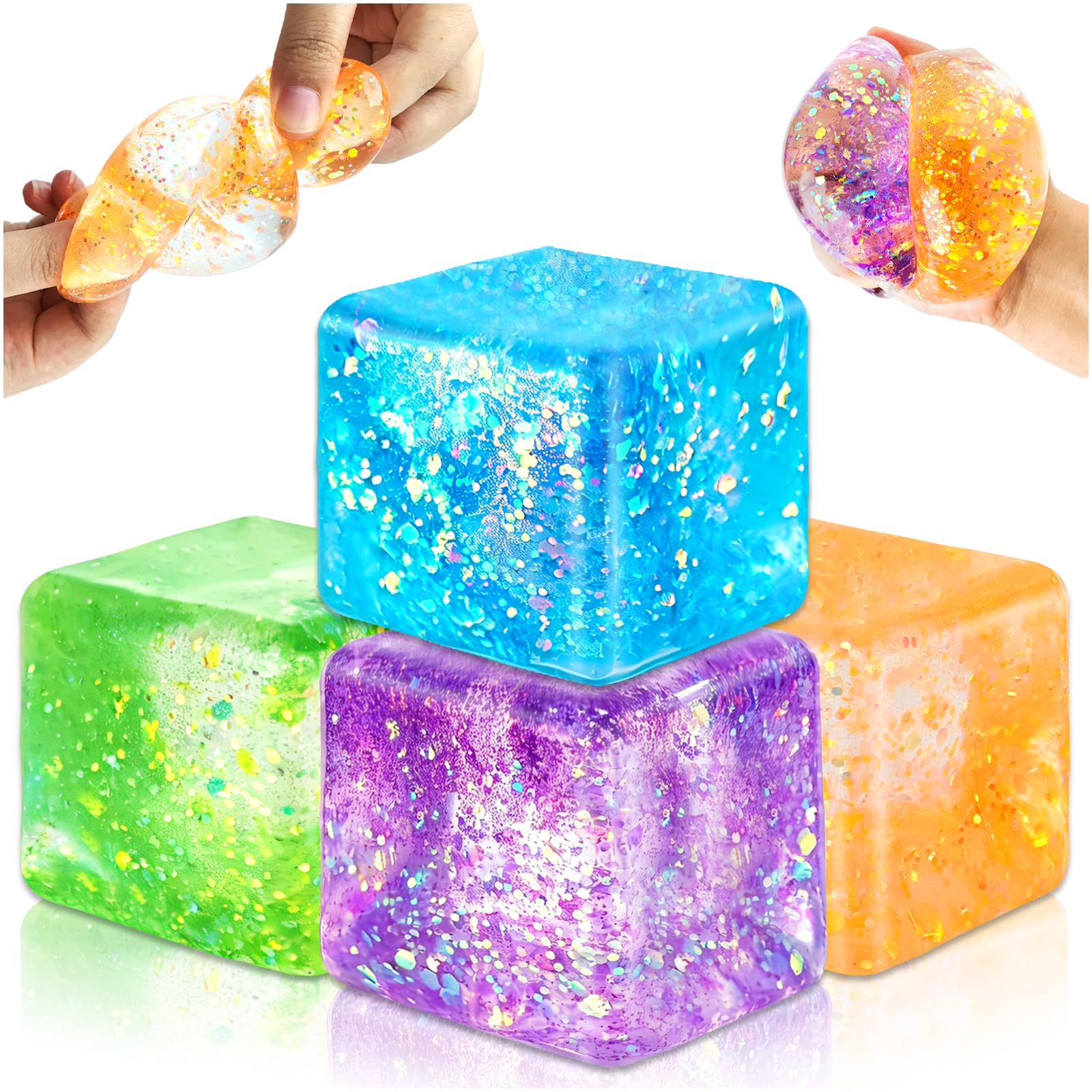 KutaKuta 4pcs Ice Cube Squishy,Cube Stress Balls Soft Squishy Toys Portable Ball Square Stress Balls Anxiety Relief Fun ADHD Sensory Toy Sensory Feelings Toys For DHD Autism