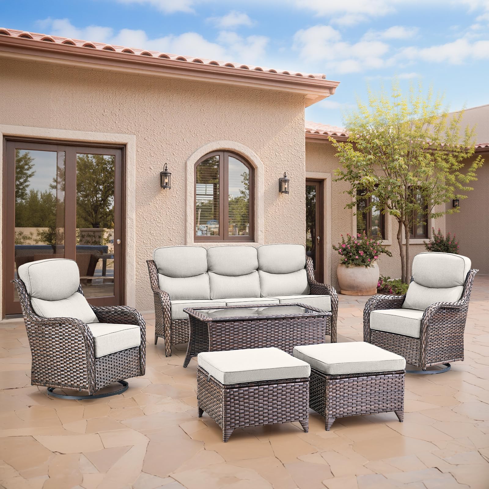 Swivel Patio Chairs Sofa Set of 6 with 6" Thick Cushion - Wicker Outdoor Swivel Rocker Patio Chair,Sofa/Glass Coffee Table, High Back Comfortable