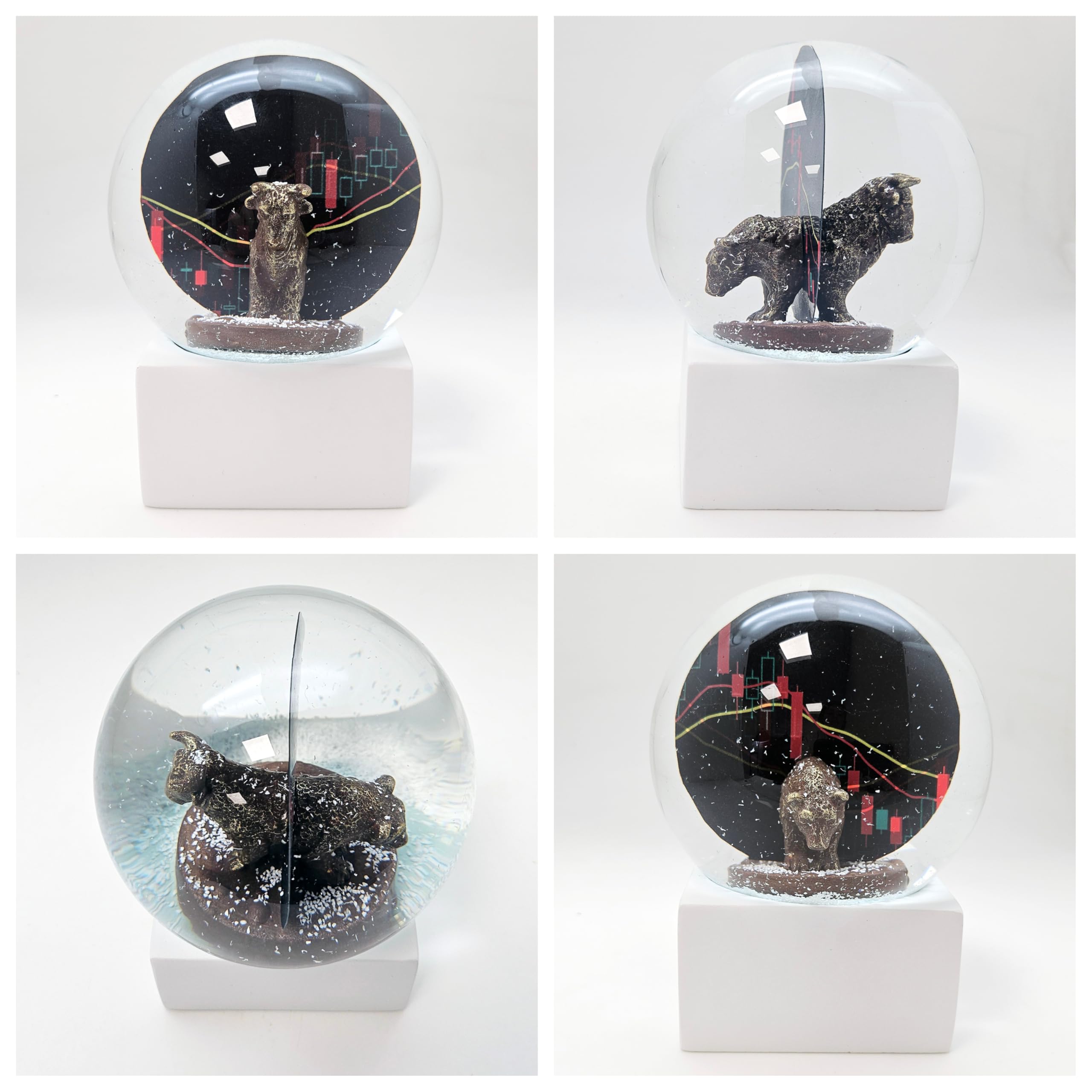 10009 Boule à neige en verre Bulle & Ours | Socle blanc angulaire | Idée cadeau boursian | Presse-papiers pour trader | H : 12 cm l : 10 cm | 10 cm