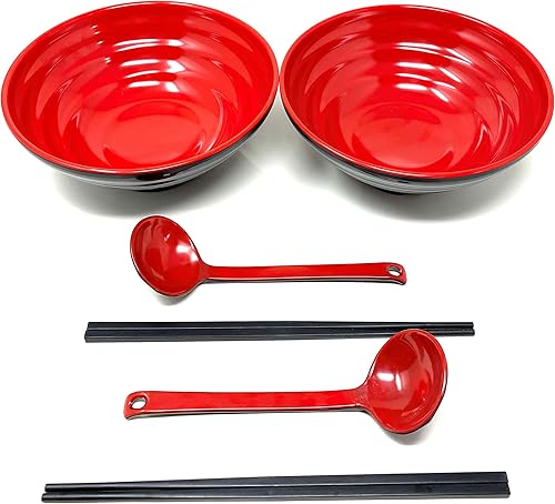 Miniatura 7 de TJ Global Juego de cuencos de sopa de fideos japoneses de melamina roja y negra de 48 onzas de plástico duro para fideos asiáticos Udon Soba Pho, 8