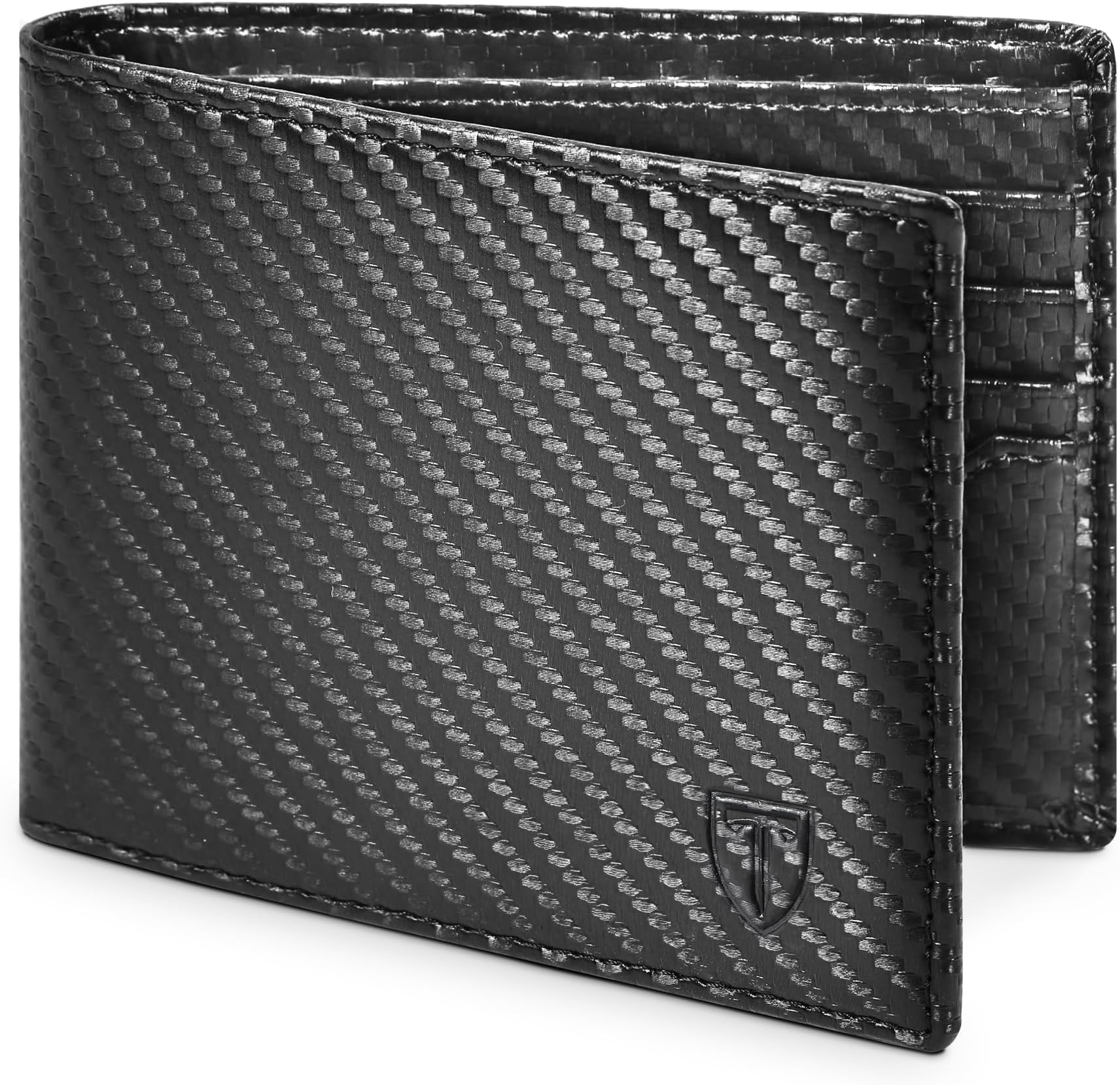 Mens RFID Blocking Carbon Fibre Leather Wallet - Bi-Fold Card Wallet with 10 Card Slots, 2 ID Windows, 2 Cash Compartments - Black