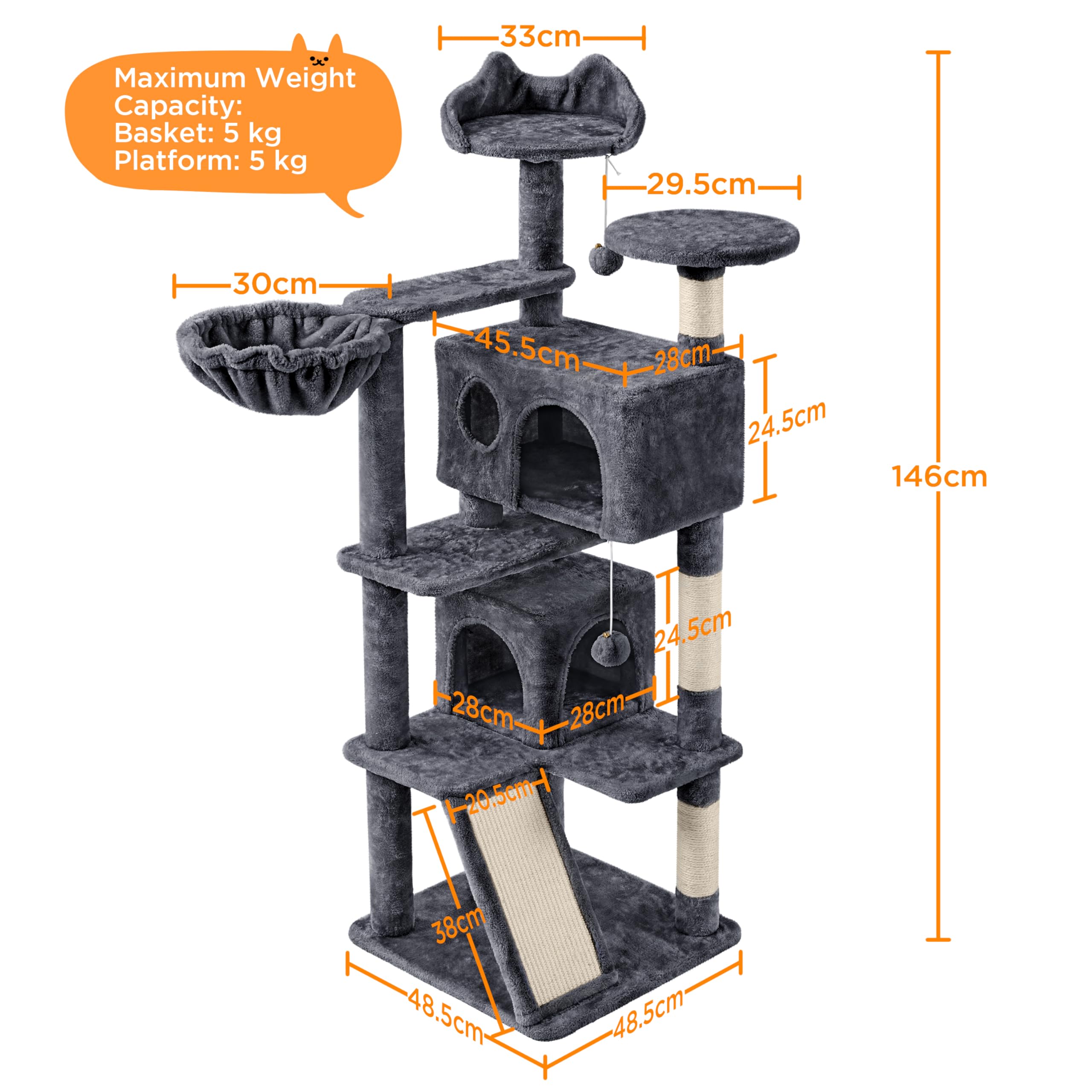 Yaheetech Rascador para Gatos 146cm Árbol para Gatos Medinos Castillo Juego de Gato Gatitos Mascotas, con Alfombra Rascadora Gris Oscuro