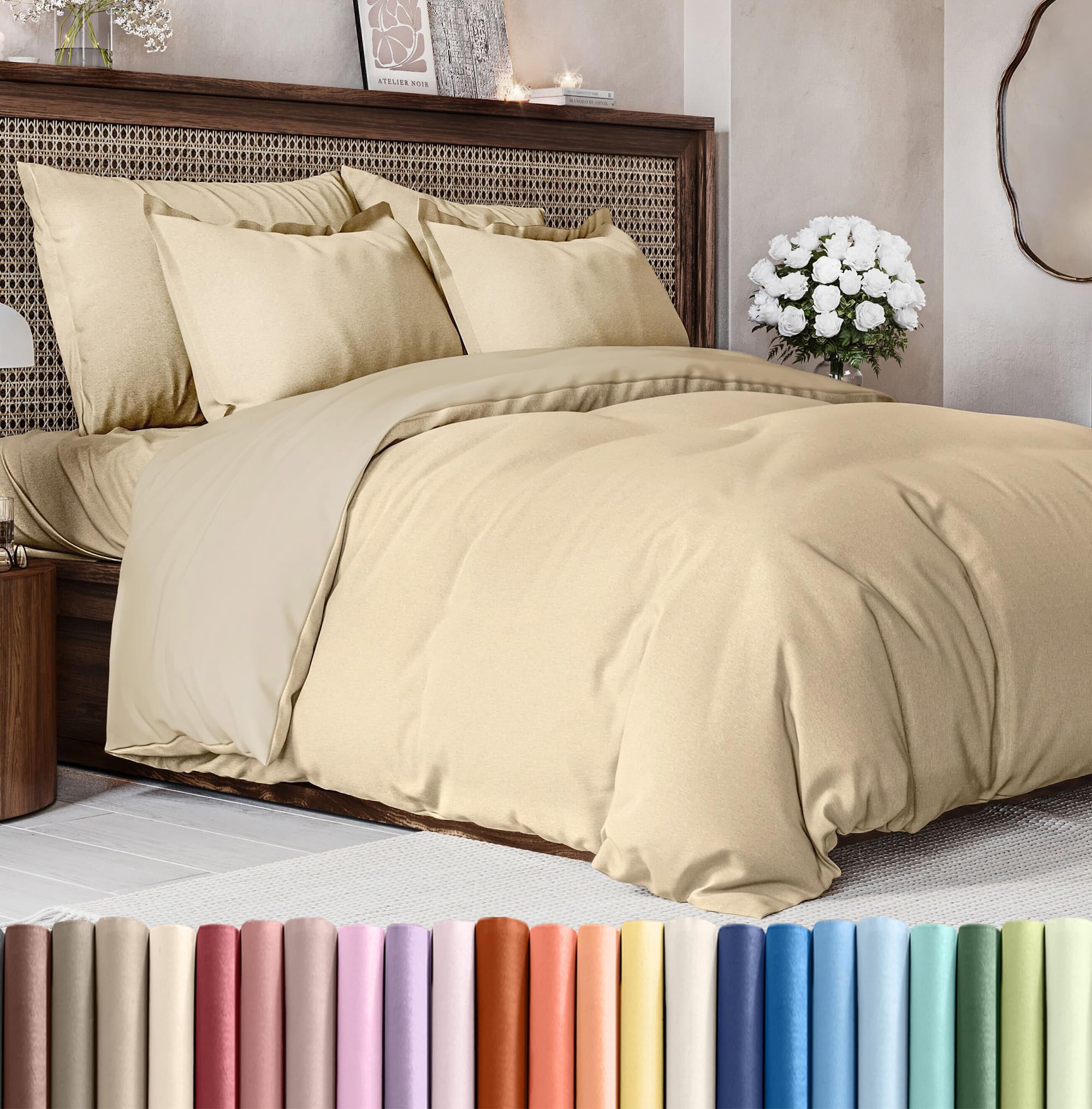 CGK Unlimited Duvet Cover Queen Size Set - Extra Soft Queen Size Duvet Cover 90 x 90 with 2 Pillow Shams - Hotel Quality w/Zipper Closures & Ties - Bedding and Bed Linens Set (Heathered Tan)