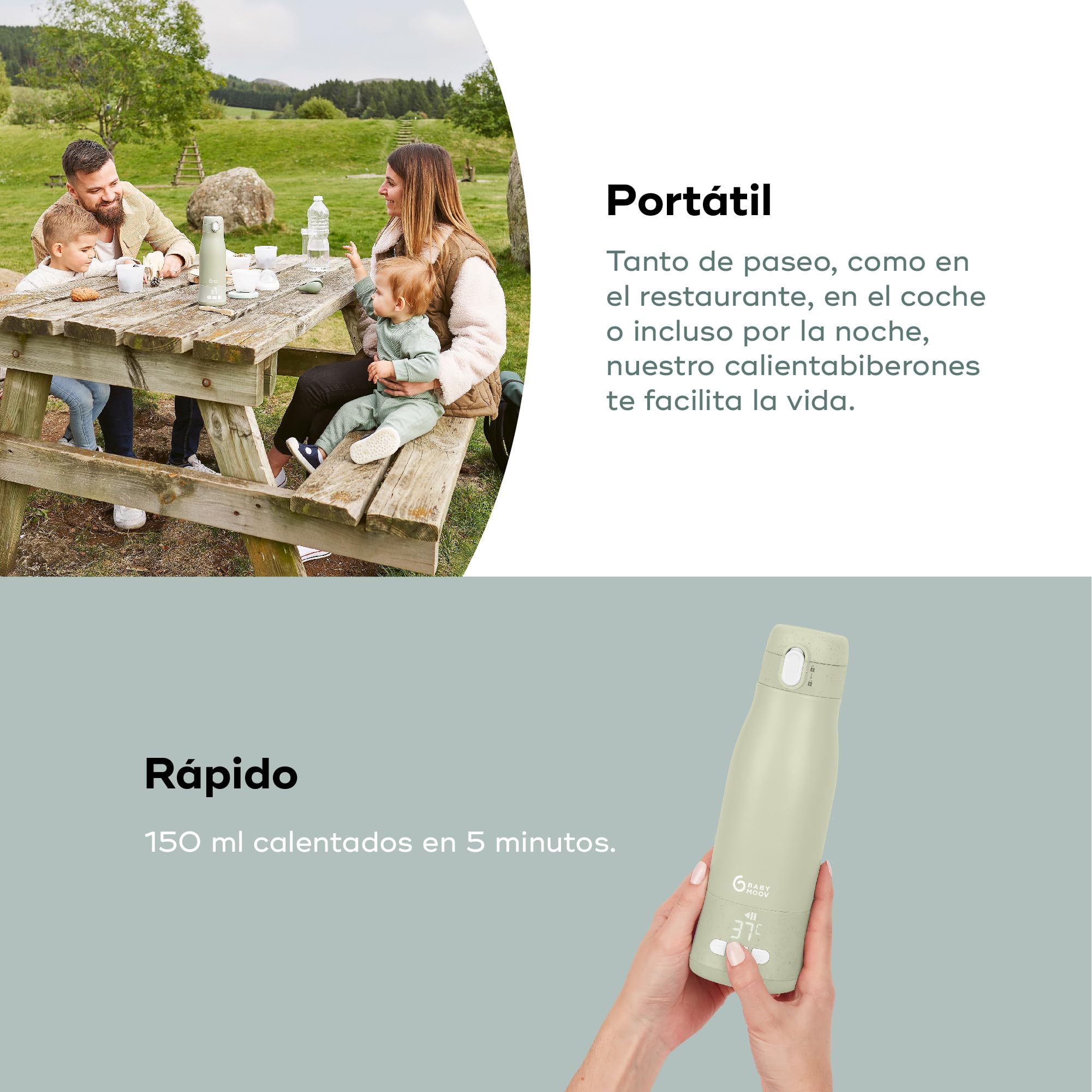 Babymoov Calientabiberones transportable inalámbrico Moov&Feed, Capacidad 340 ml, Agua o leche materna, Temperatura regulable, Mantenimiento en caliente (hasta 7h), Recarga USB, Sage green