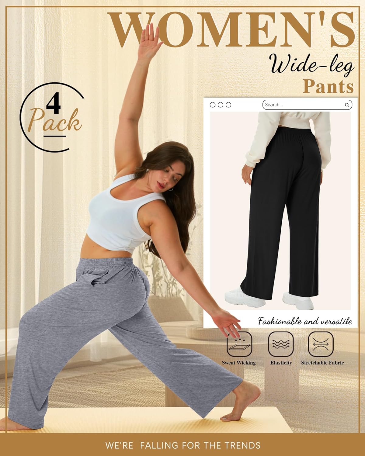 Neer 4 Pack Women's Plus Size Lounge Pants, High Waisted Wide Leg Front Seam Sweatpants Yoga Casual Baggy Pants with Pockets - Image 5