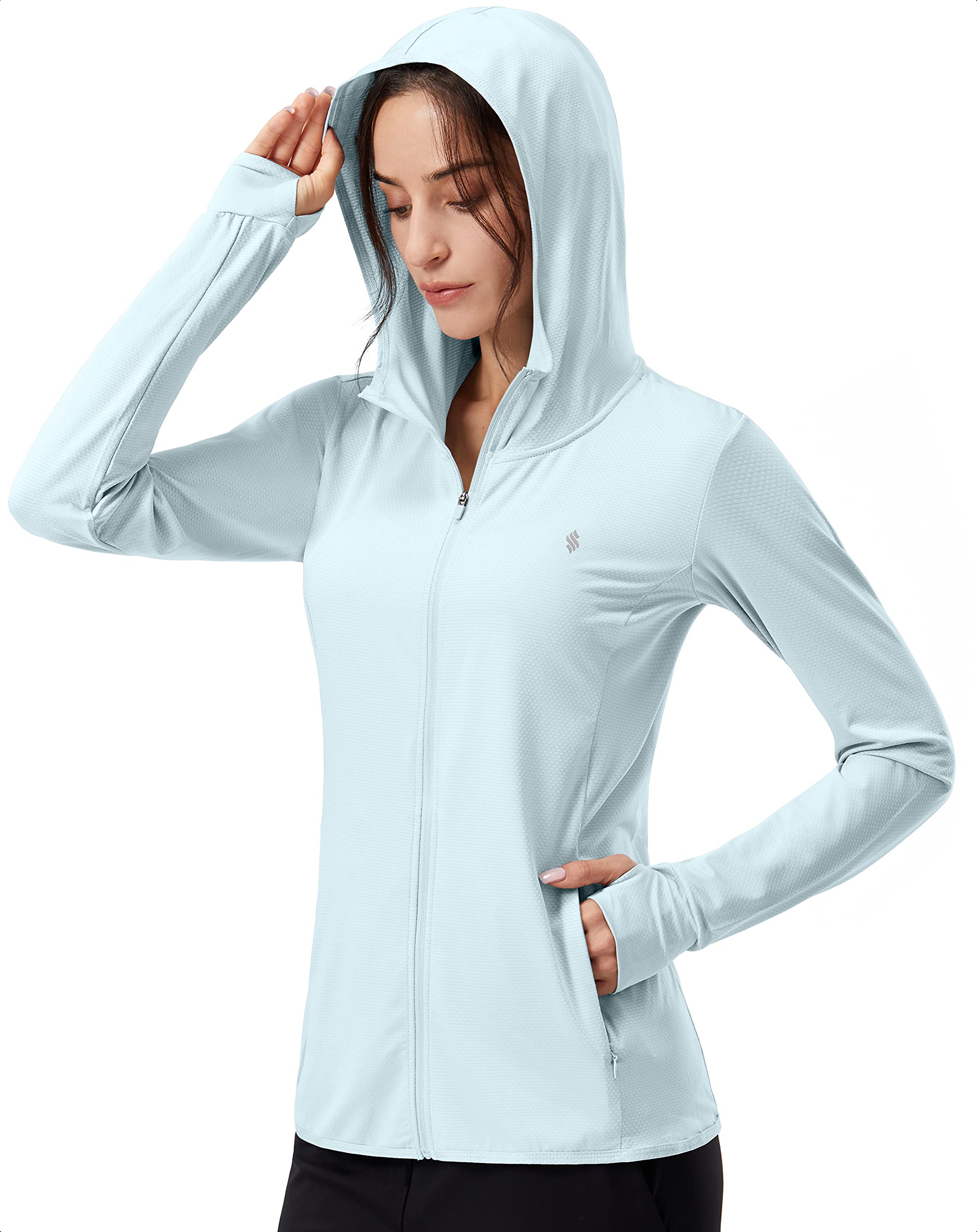 Soothfeel Women's UPF 50+ Sun Protection Hoodie Jacket Lightweight Long Sleeve Sun Shirt for Women with Pocket Hiking Outdoor D-light Blue X-Large