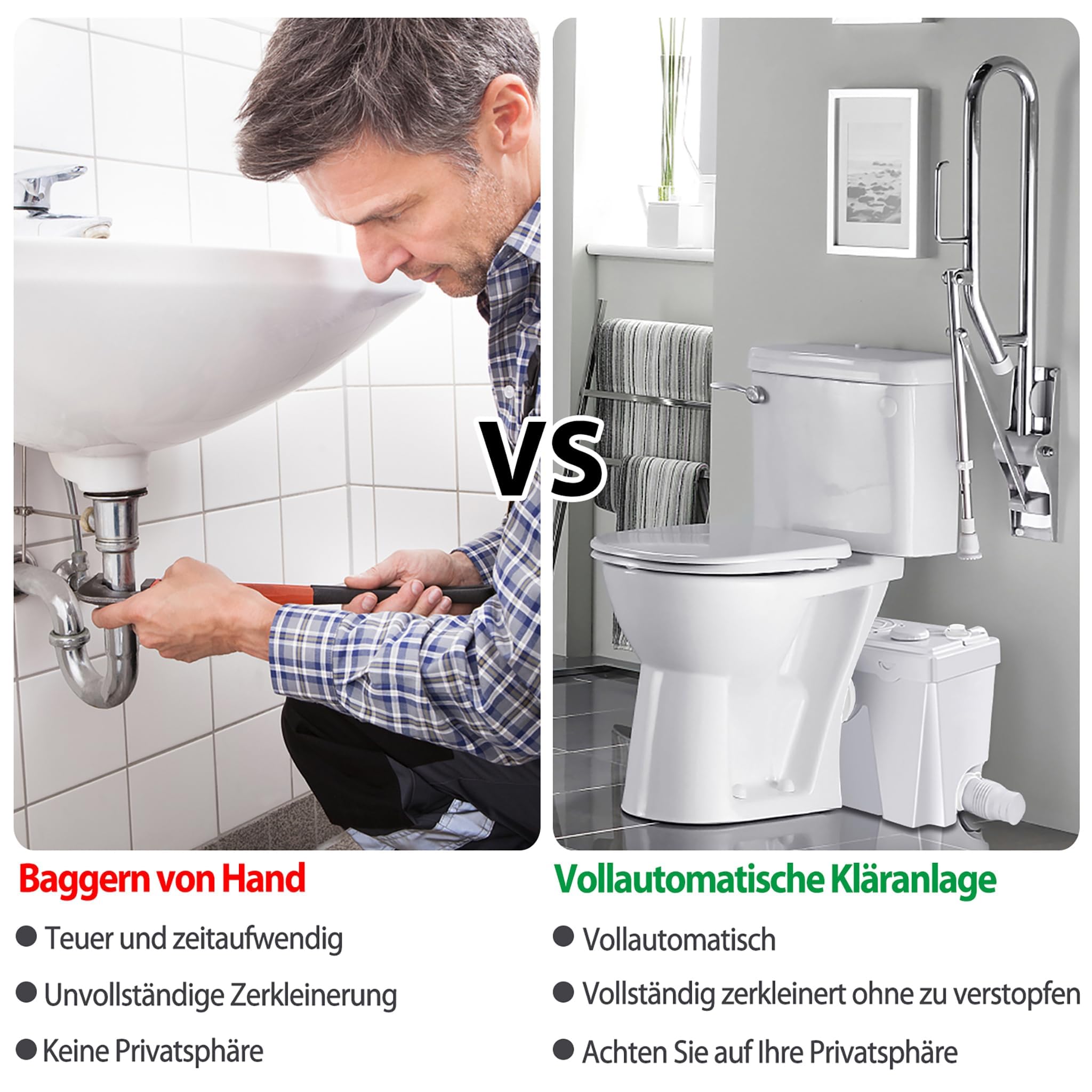 LARS360 Impianto di sollevamento per feci 700 W, 180 l/min, pompa domestica con valvola di ritegno integrata, sistema di sollevamento fecale, per cucina e WC