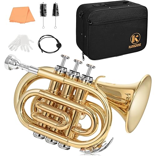 Pocket Trumpet B Flat Quality Brass Bb Mini Trumpet with 7C Mouthpiece, Cleaning Kit, Gloves, Hard Case for Beginners, Students, Travelers and Professionals, Gold Lacquer