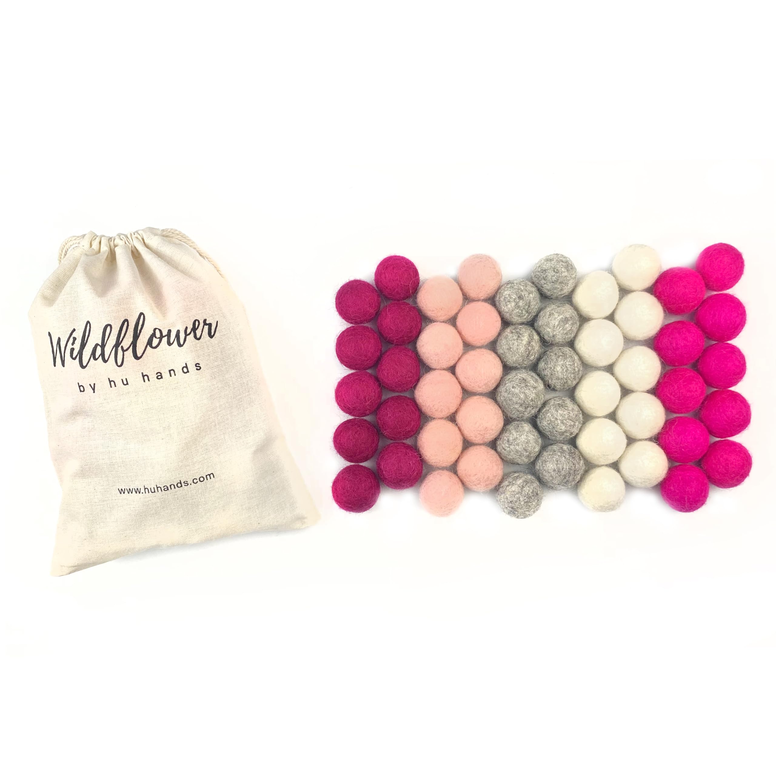 Wildflower by hu hands Cozy Love Wool Pink Felt Balls | Pink and Gray Colors for DIY Pom Craft, Garland, Baby, Decor, Essential Oil, Cat | .8 - 1 Inch | 2.5 CM | Bulk Handmade 50 Pompoms | Muslin Bag - Image 2