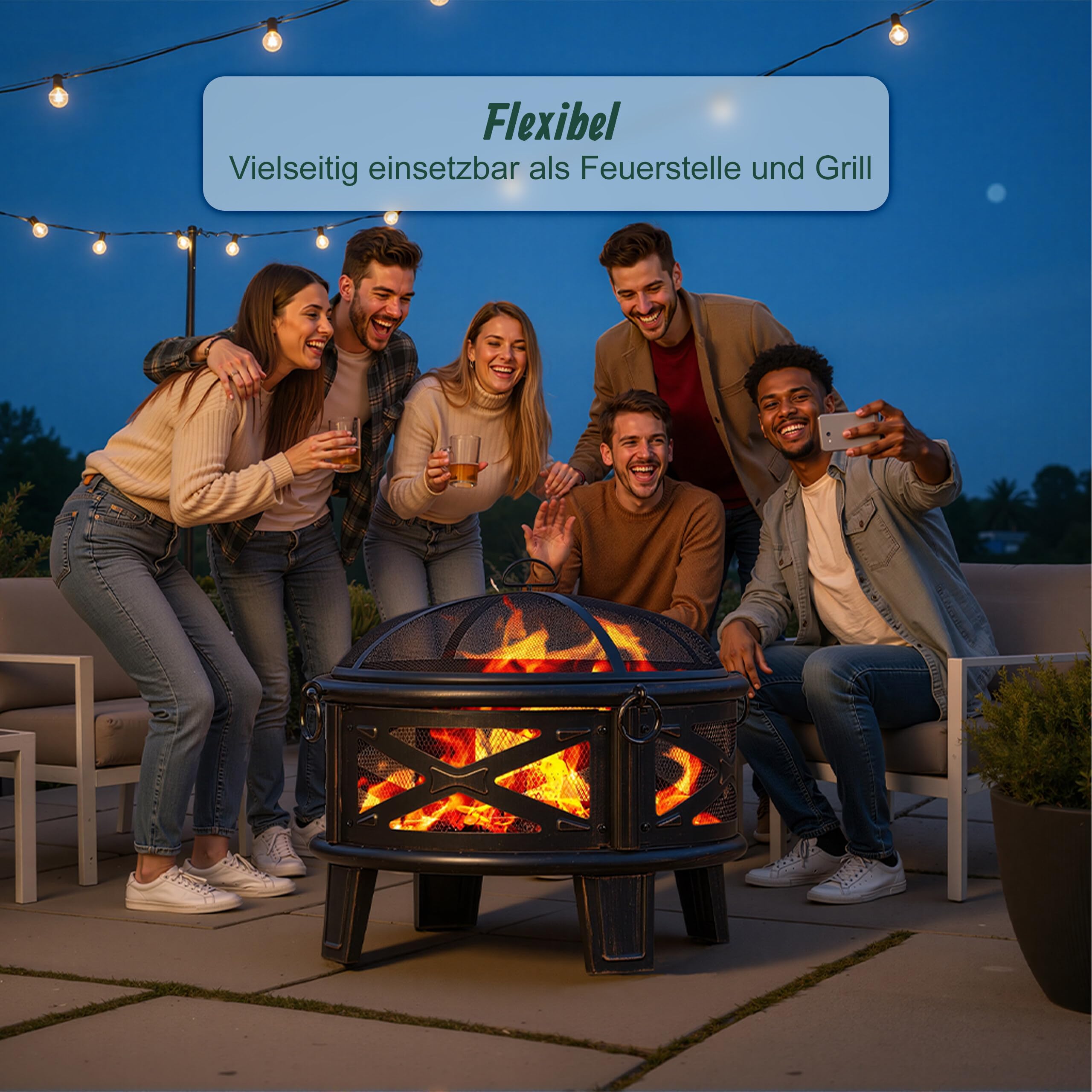 Relaxdays Feuerschale, Ø 66 cm, mit Grillrost, Funkenschutz & Schürhaken, Feuerstelle Garten, Feuerkorb, schwarz/Bronze