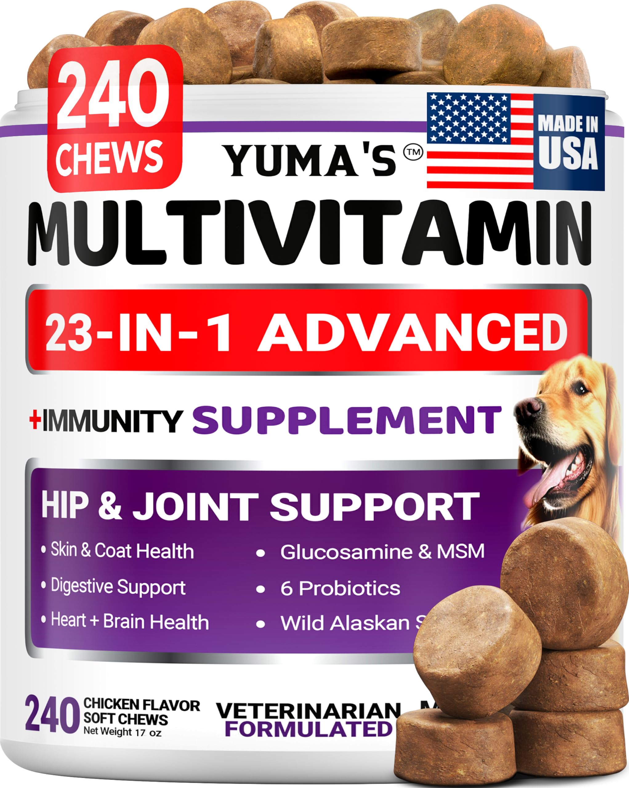 Dog Multivitamin Chewable with Glucosamine - 240 Treats - Dog Vitamins and Supplements - Senior & Puppy Multivitamin for Dogs - Hip & Joint Support - Immune Health, Skin, Heart, Digestion, Probiotics
