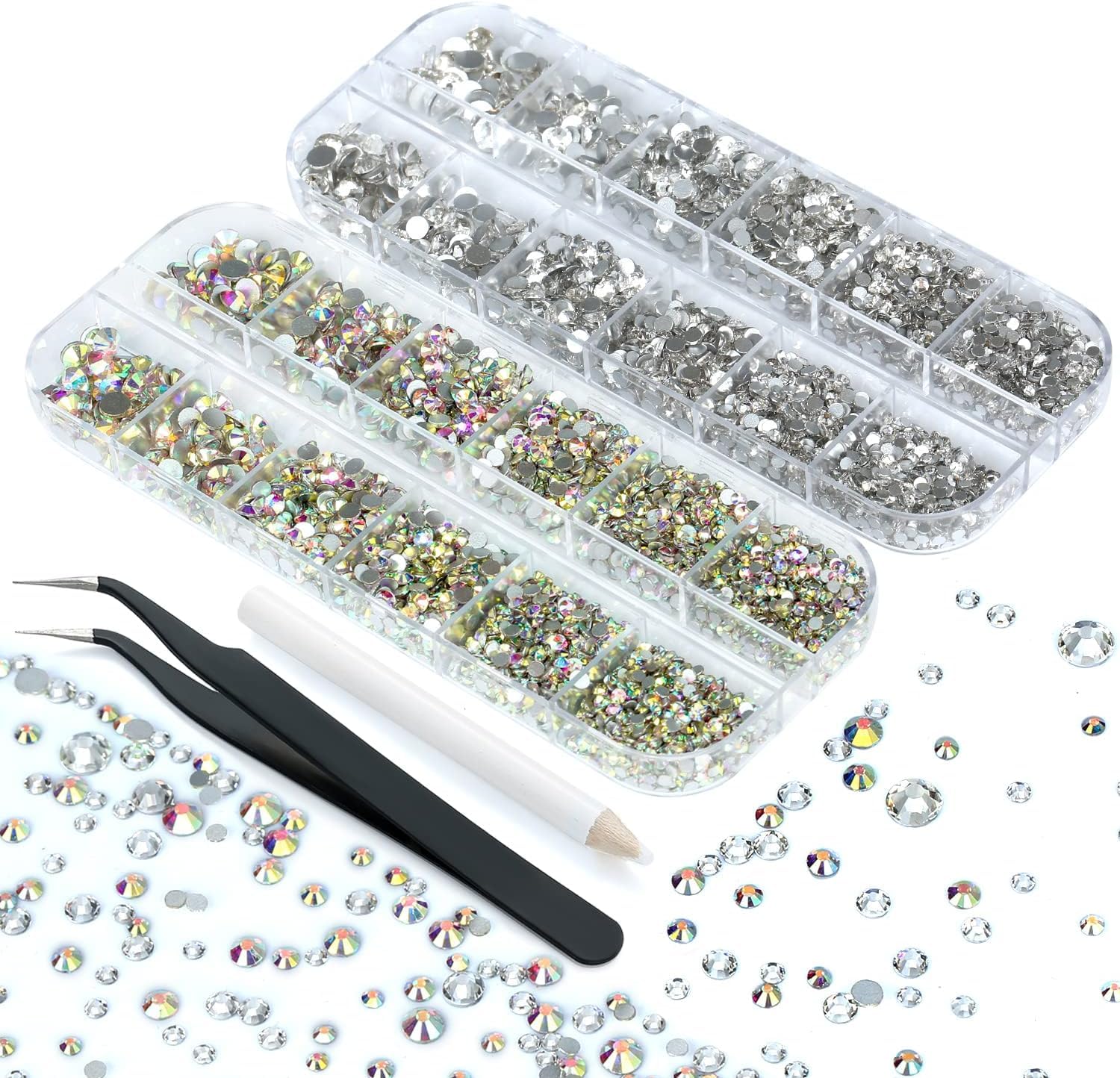 INOG Nail Art Rhinestones Flat Back Gems Round Crystal Rhinestones 6 Sizes with Wax Picker and Pick Up Tweezer Crystal AB and Crystal Clear-image-29