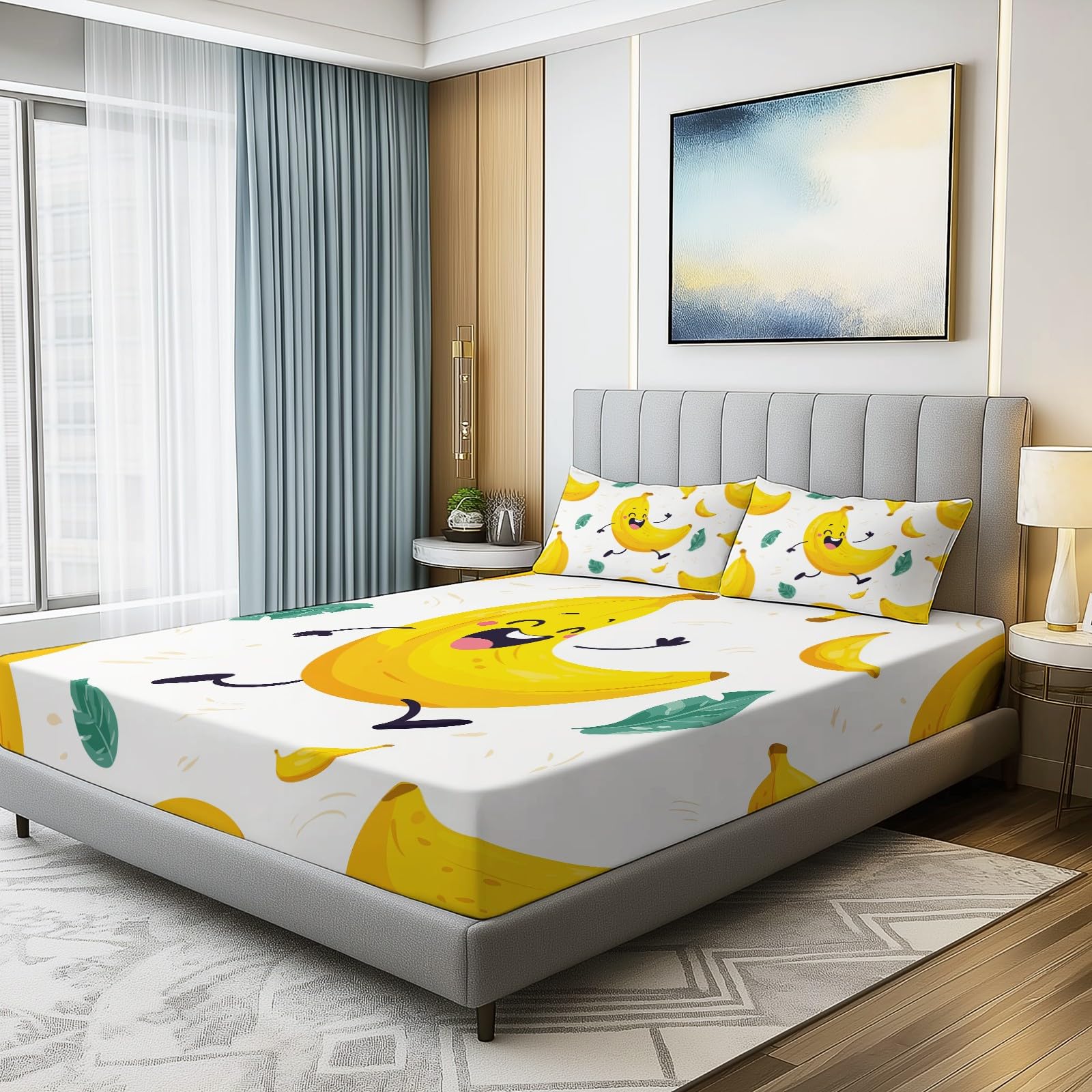 Biały zestaw pościeli z mikrofibry - 140 × 200 cm - śliczne linie bananowe z nadrukiem - miękkie, oddychające, hipoalergiczne - w zestawie 1 prześcieradło + 2 poszewki na poduszki - łatwe do prania