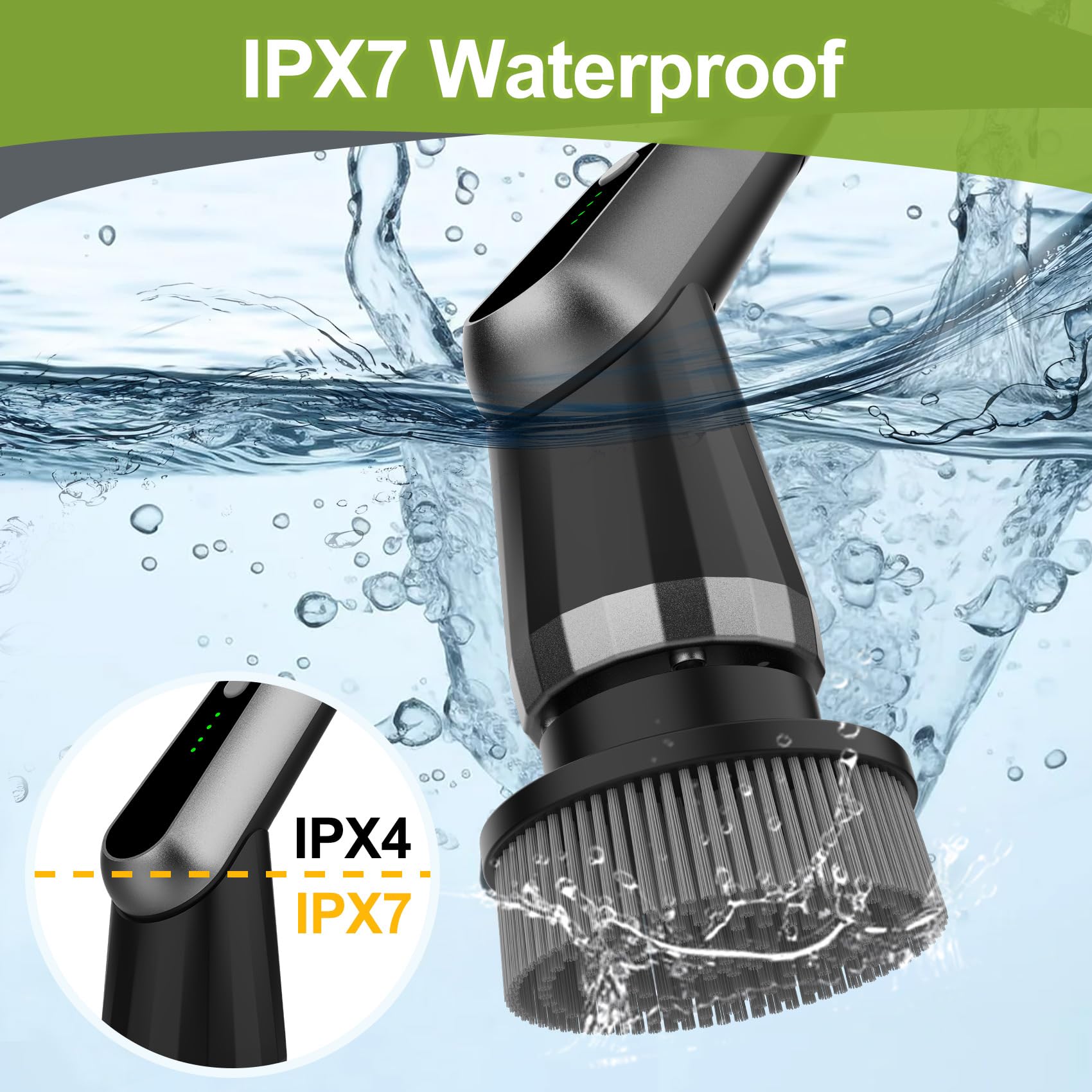Cepillo Electrico Limpieza Hogar, Giratoria Cepillo de Limpieza 7 en 1, Cepillo Limpieza Electrico con Impermeable IPX7 y Mango Ajustable para Baño, Cocina, Coche, Suelos, Azulejos (Gris) | IPX7 impermeable 2 velocidades y mango ajustable para cuarto de b