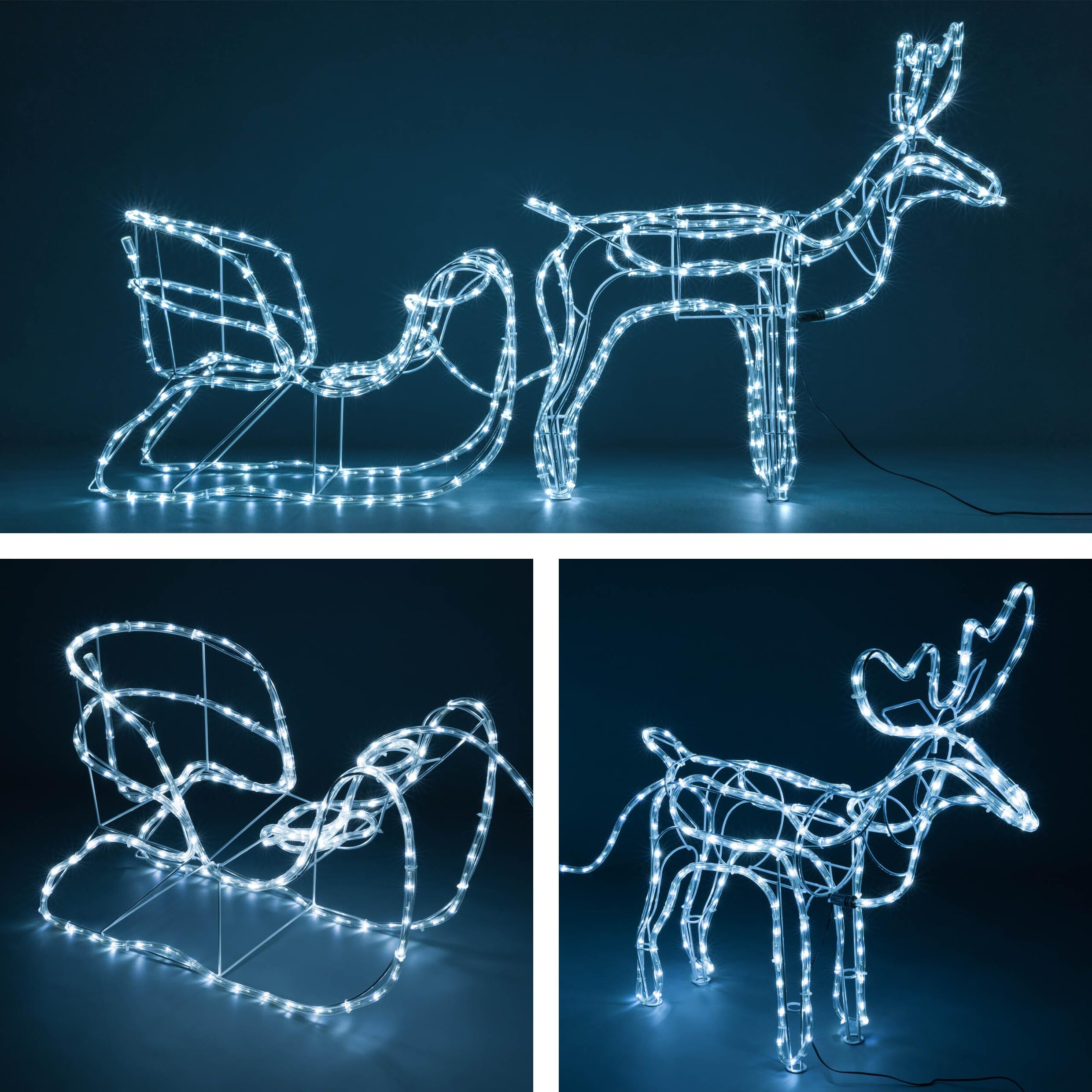 Rentier mit Schlitten aus 14 m Lichterschlauch 504 LED warmweiß kaltweiß mit 8 Funktionen Figur Weihnachtsbeleuchtung 140 cm Länge Leuchtfigur Xmas-Deko (kalt weiß)
