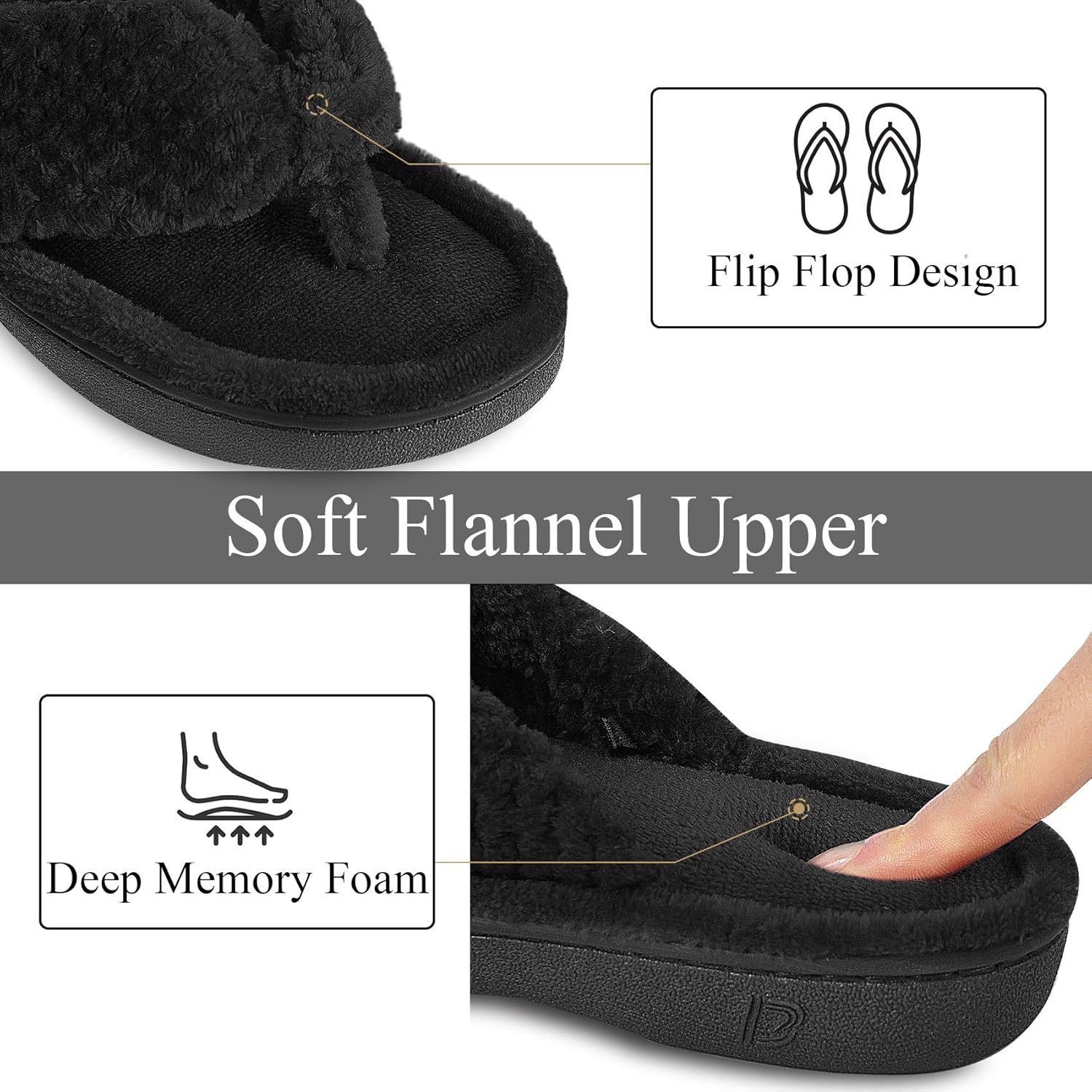 DL Women's Flip Flop Memory Foam Slippers with Cozy Terry Lining Soft Thong Slippers Slip on House Shoes with Indoor Outdoor Arch Support Rubber Sole - Image 6