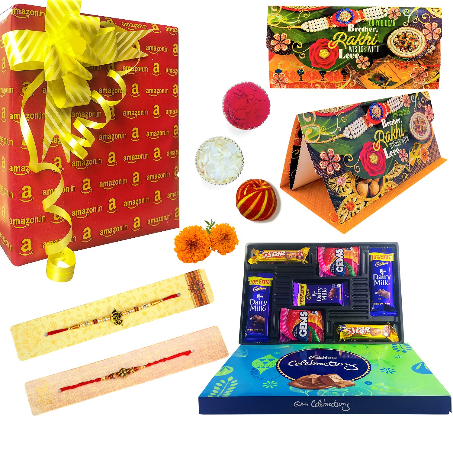 Almoda Creations Rakhi Combo Gift (2 Rakhi, Rakhi Greeting Card, Cadbury Celebrations Festive Chocolate Gift Box, Tilak Pouch & Kalawa Roll, Rakhi Gift Wrapping, Custom Rakhi Message)