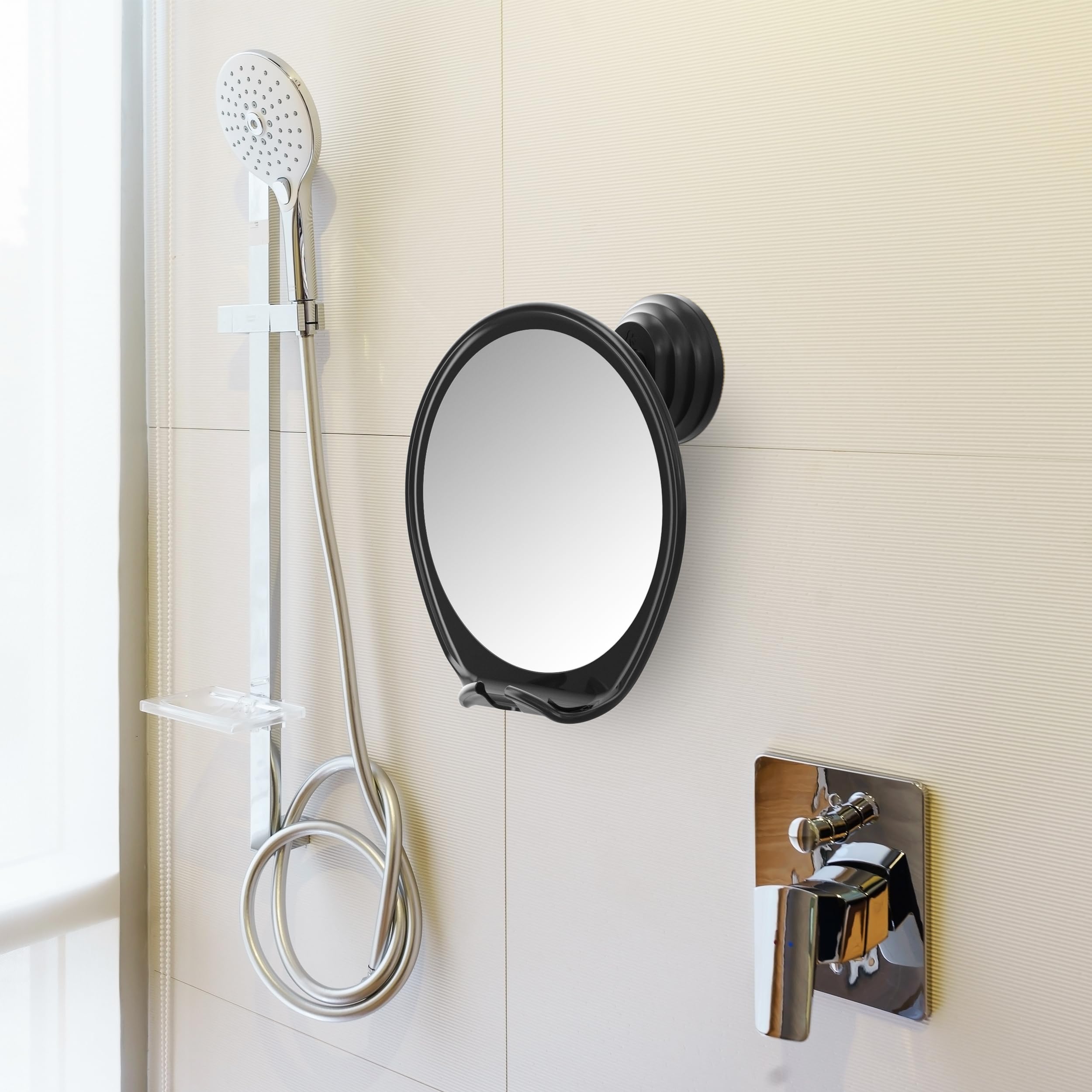 HONEYBULL Rasierspiegel für die Dusche ohne Beschlagen - mit Saugnapf, Rasierhalter & Drehfunktion, Kompakter Duschspiegel für das Badezimmer, Ideal zum Rasieren und Schminken, Schwarz