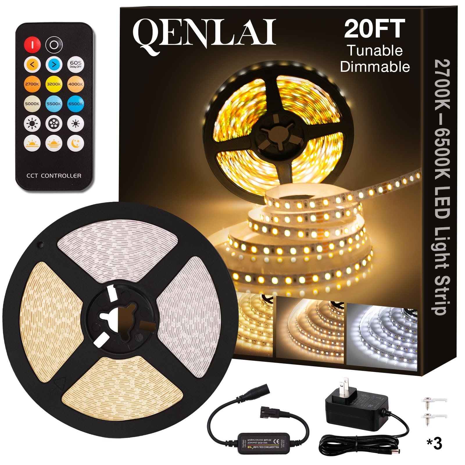 QENLAI 20ft LED Strip Lights, 2700K-6500K Tunable White LED Light Strip with Remote and Plug, 12V 720 LEDs Dimmable Flexible Cuttable Led Tape Light for Kitchen Under Cabinet Bedroom Ceiling Lighting