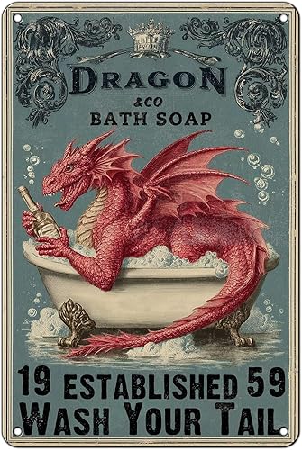 Letrero de estaño para bañera de dragón, jabón de baño vintage, decoración de pared de baño, arte de metal rústico para el hogar y spa, 12 x 8