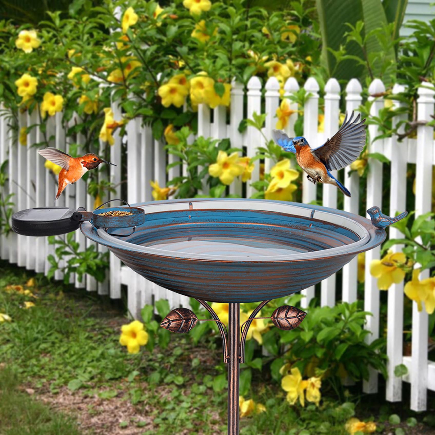 Abbeveratoio per uccelli ad energia solare, fontana per uccelli da 38,1 cm, con luci a LED, vasca per uccelli da giardino con fontana per esterni