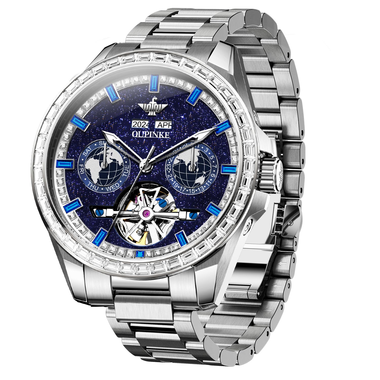 OUPINKE Watch for Men Automatic Wristwatch Diamond Sapphire Crystal Skeleton Luminous 3D Dial with 5ATM Waterproof Luxury Stainless Steel Strap