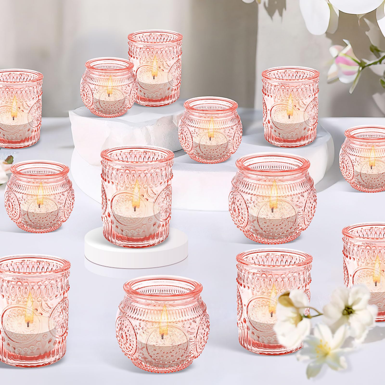 24 Set Pink Tea light Candle Holders, Glass Votive Candle Holders Decorations Bulk, Vintage Embossed Tea light Candles Jar for Wedding Table Centerpiece Easter Birthday Church Party Home