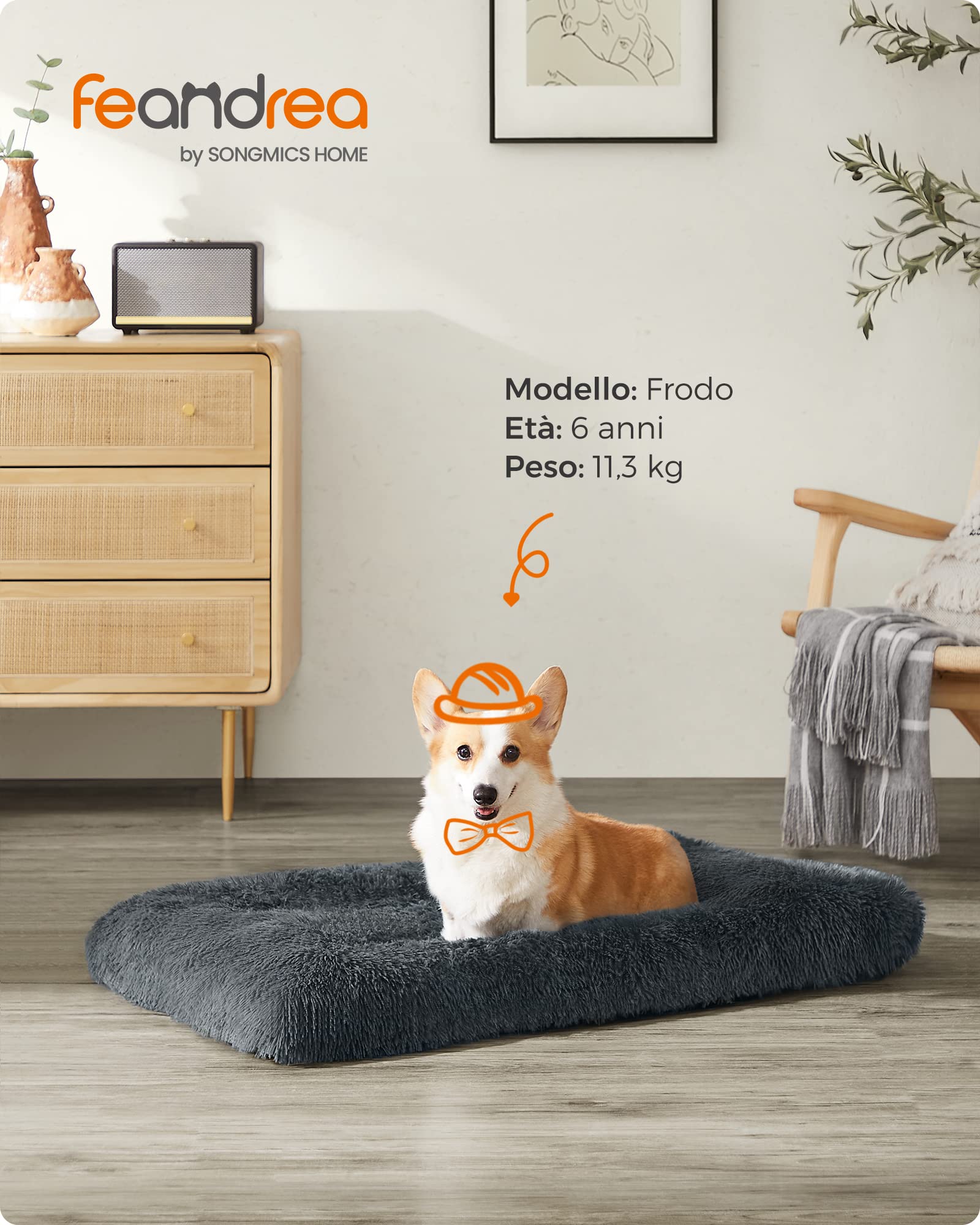Feandrea Cuccia per Cani, Tappetino per Animali di Peluche Morbida, 95 x 60 cm, Imbottitura Soffice, Lavabile in Lavatrice, Cuscino per Cani Multiuso, Grigio Scuro PGW202G02