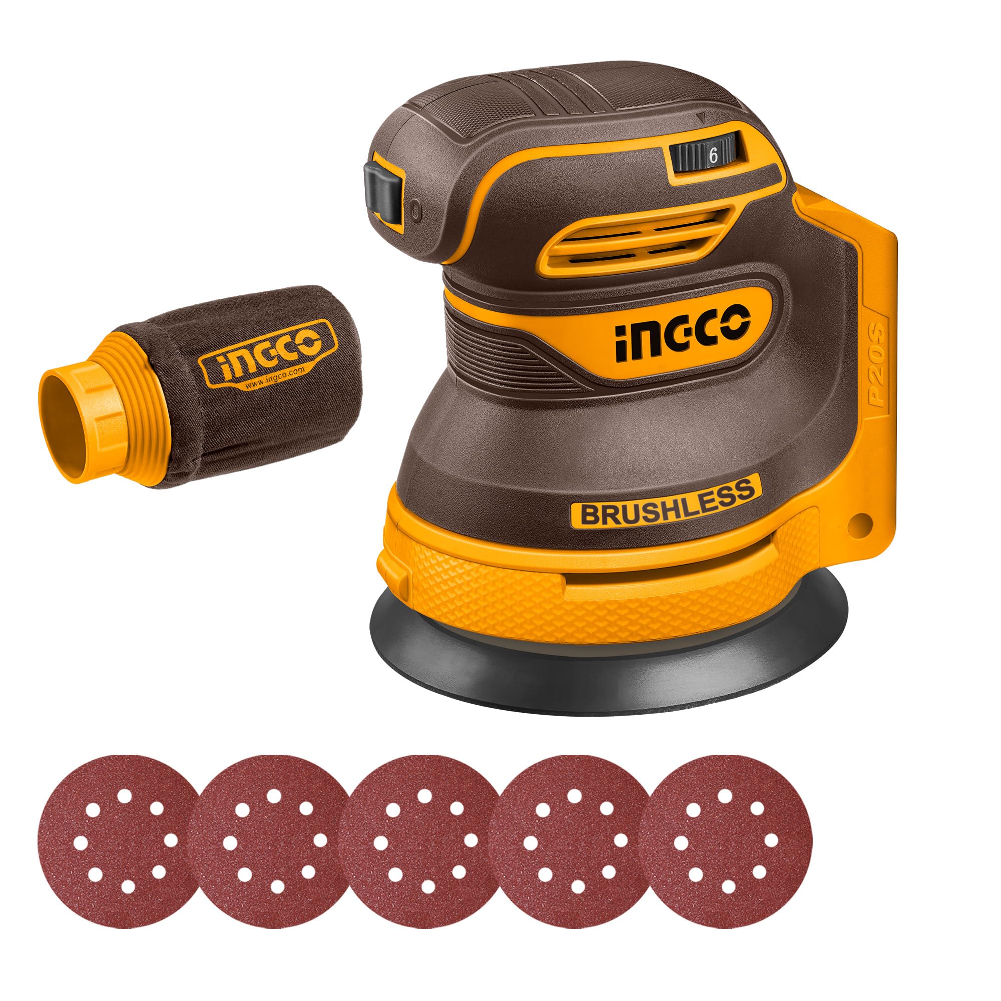 INGCO 20V Cordless Random Orbit Sander 125mm (Body Only), Brushless Motor, 6 Variable Speeds, 5Pcs Sand Paper