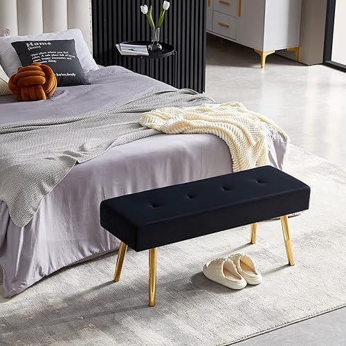 Miniatura 3 de Banco otomano de terciopelo negro, diseño simple, banco de comedor de terciopelo suave copetudo para cocina, banco de entrada tapizado con patas de