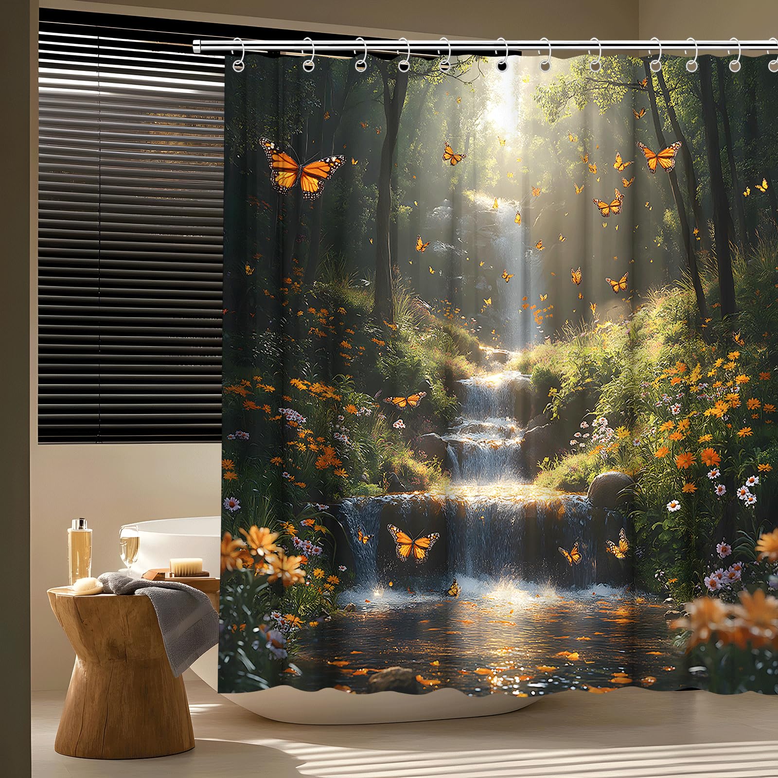 Fantasy Forest Waterfall Shower Curtain Orange Butterfly Spring Flower Jungle Rinforest Lake Wonderland Tropical Fairy Tale World Nature Bath Curtain